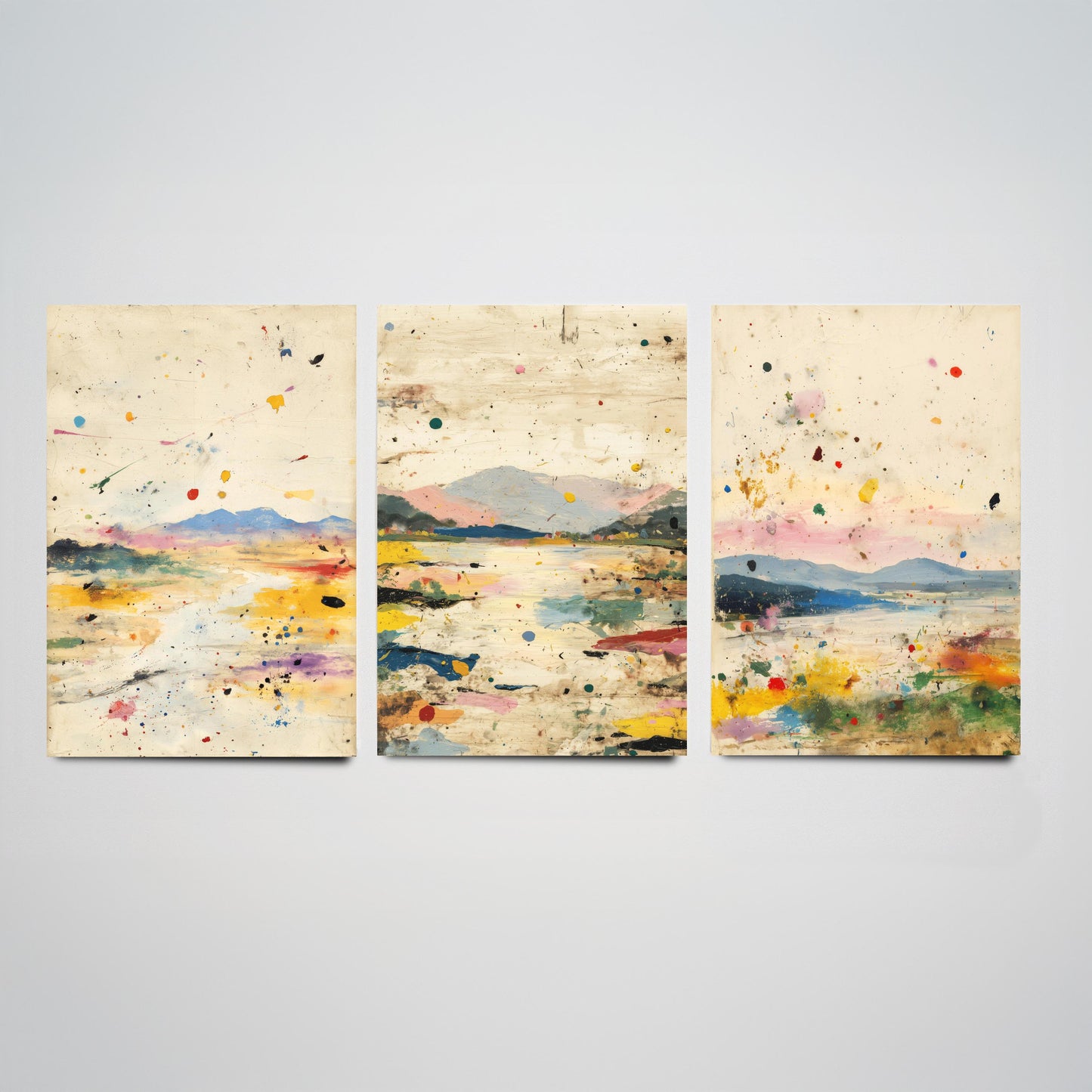 Abstract Landscape Set of Three Art Prints - Surreal Double Exposure Mountain Posters - Splatter Painting Decor V1