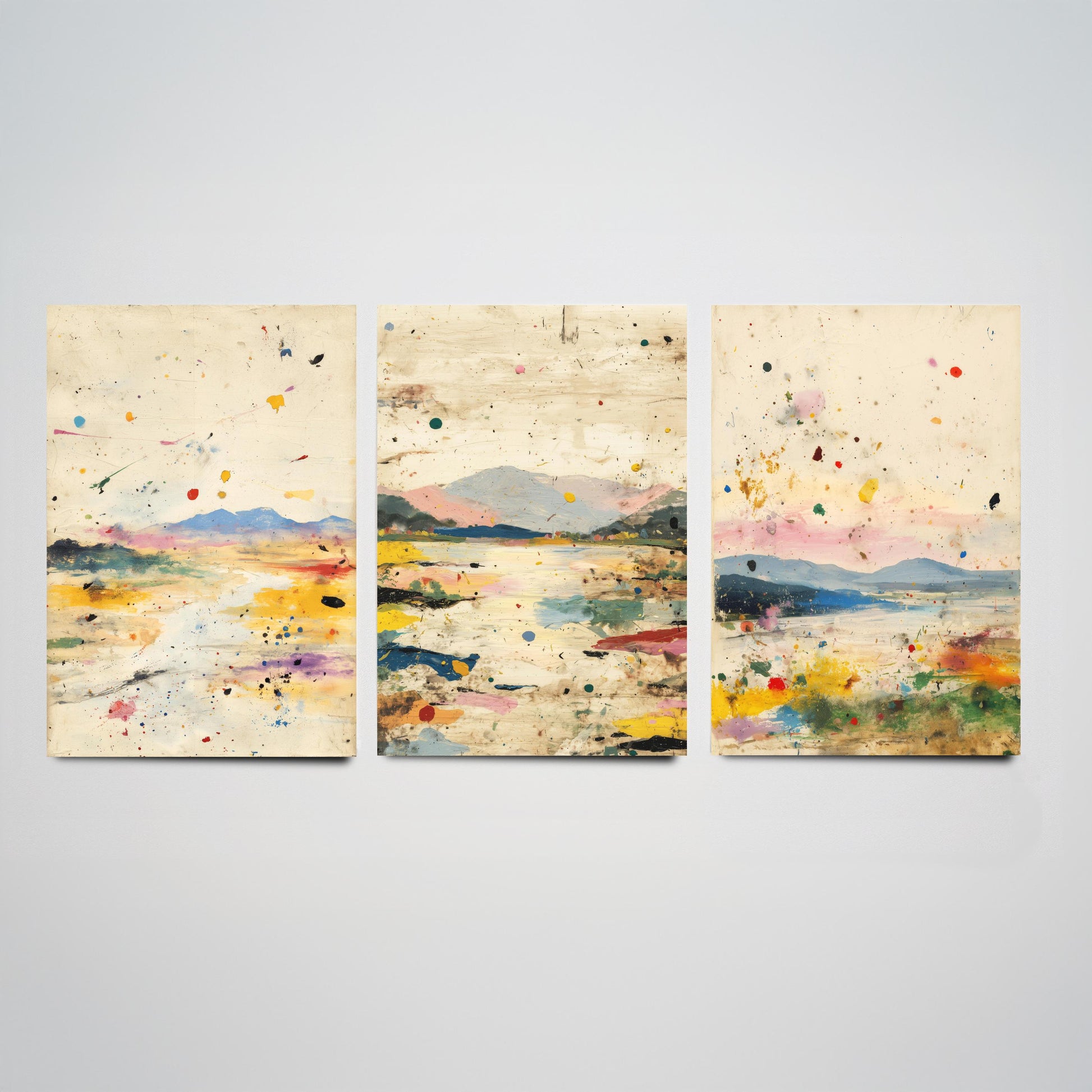 Abstract Landscape Set of Three Art Prints - Surreal Double Exposure Mountain Posters - Splatter Painting Decor V1