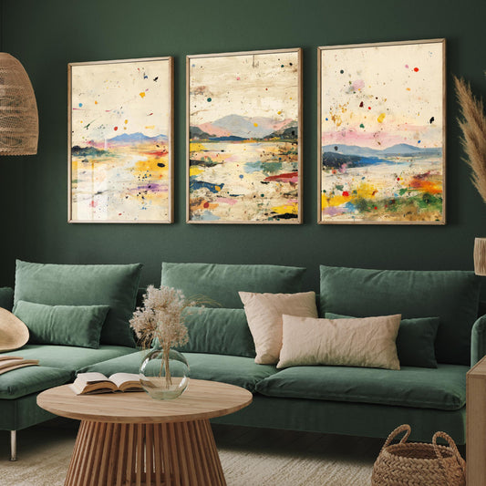 Abstract Landscape Set of Three Art Prints - Surreal Double Exposure Mountain Posters - Splatter Painting Decor V1