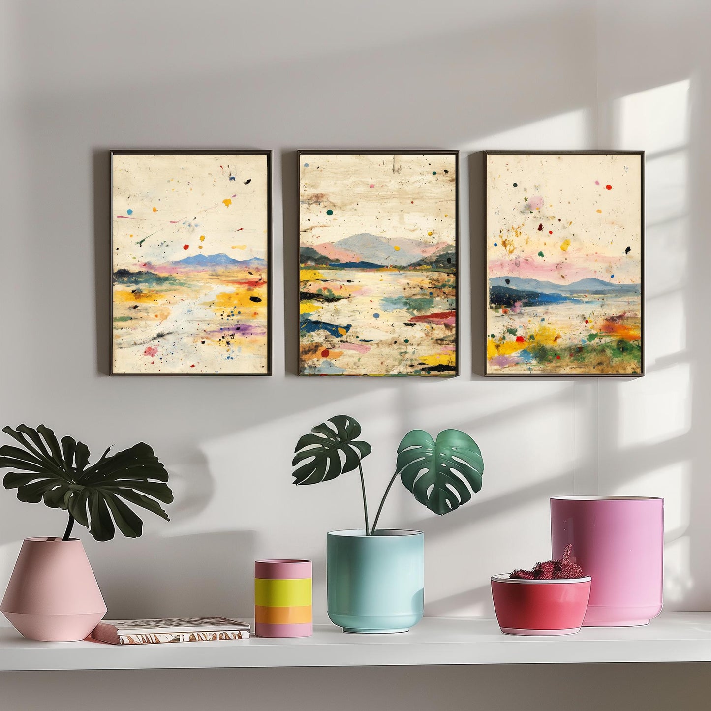 Abstract Landscape Set of Three Art Prints - Surreal Double Exposure Mountain Posters - Splatter Painting Decor V1