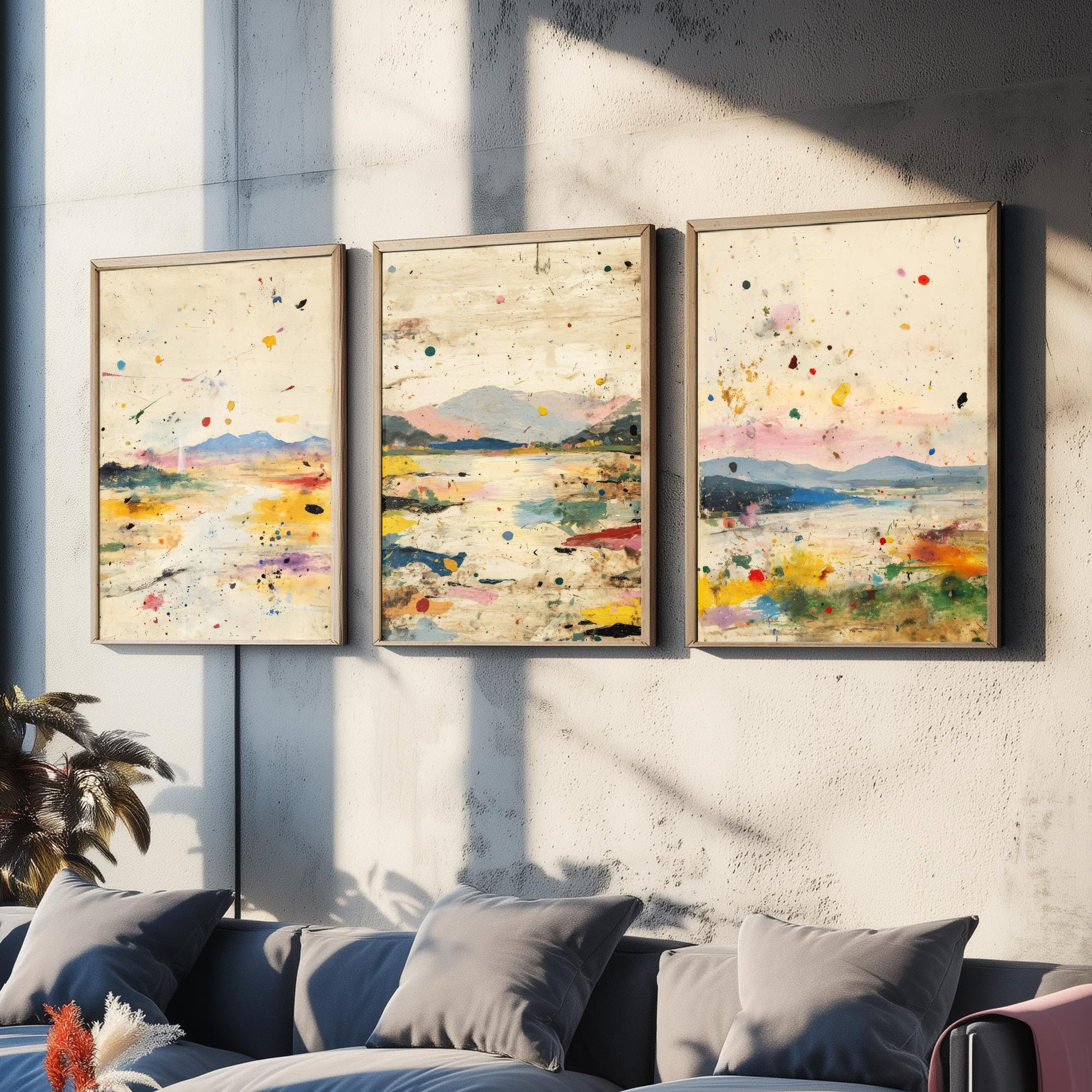 Abstract Landscape Set of Three Art Prints - Surreal Double Exposure Mountain Posters - Splatter Painting Decor V1