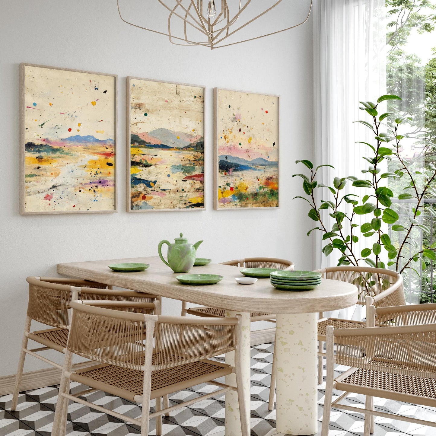 Abstract Landscape Set of Three Art Prints - Surreal Double Exposure Mountain Posters - Splatter Painting Decor V1
