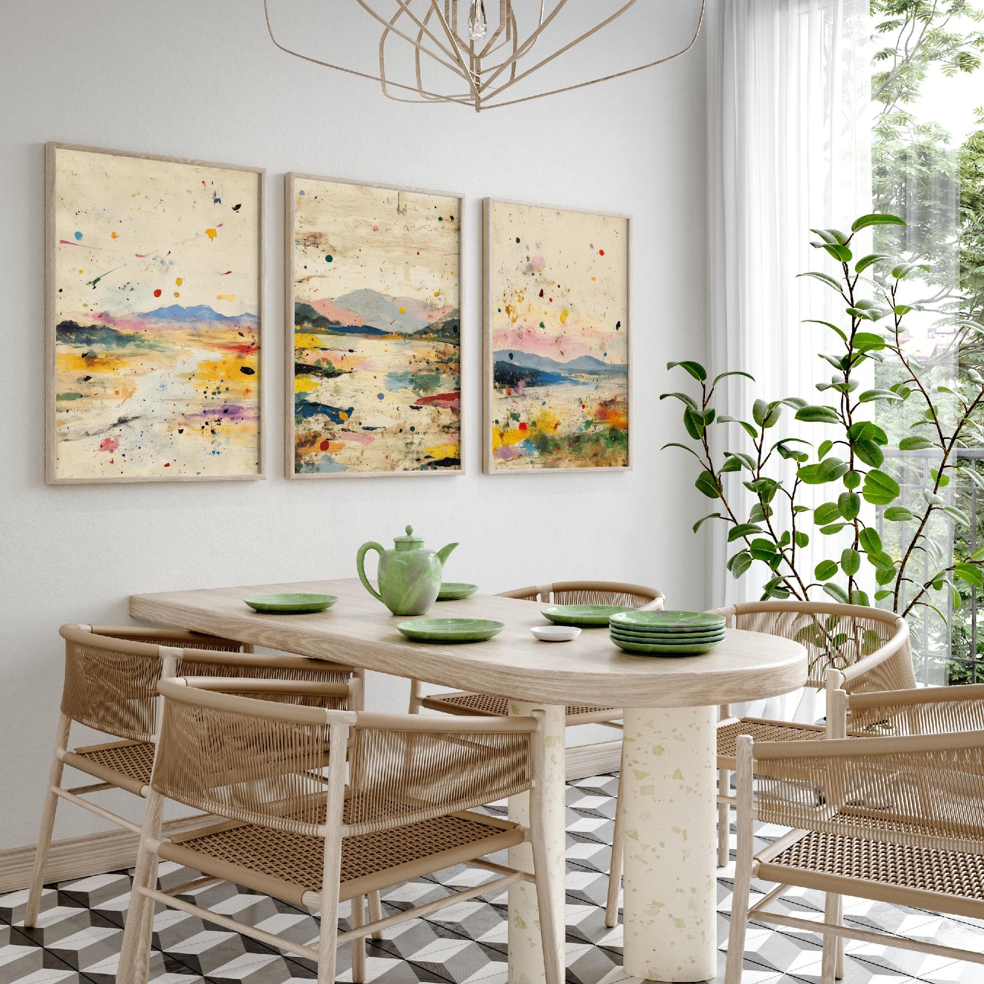 Abstract Landscape Set of Three Art Prints - Surreal Double Exposure Mountain Posters - Splatter Painting Decor V1