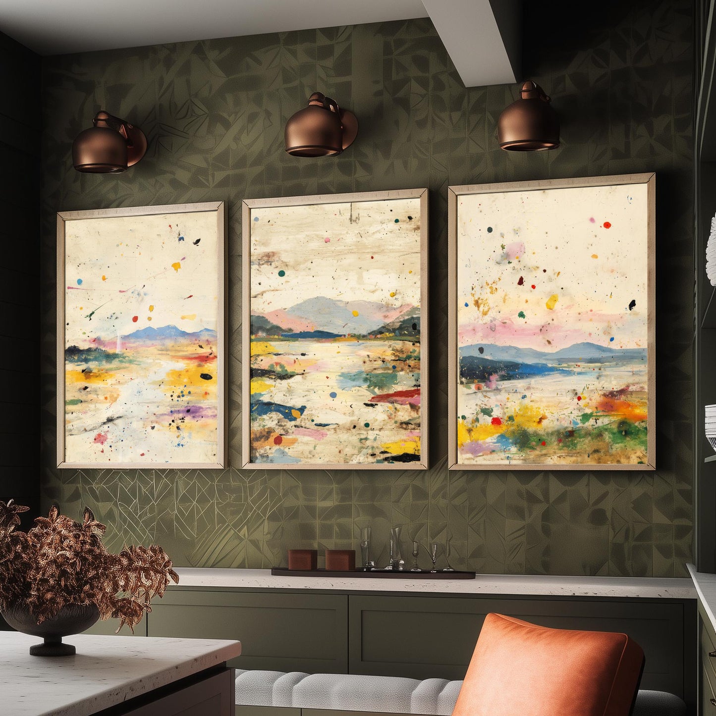 Abstract Landscape Set of Three Art Prints - Surreal Double Exposure Mountain Posters - Splatter Painting Decor V1
