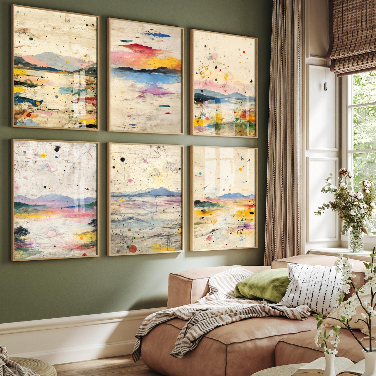 Set of Six Abstract Landscape Art Prints - 6 Splatter Paint Posters - Pastel Hills, Lakes, Pink and Yellow Mixed Media Painting