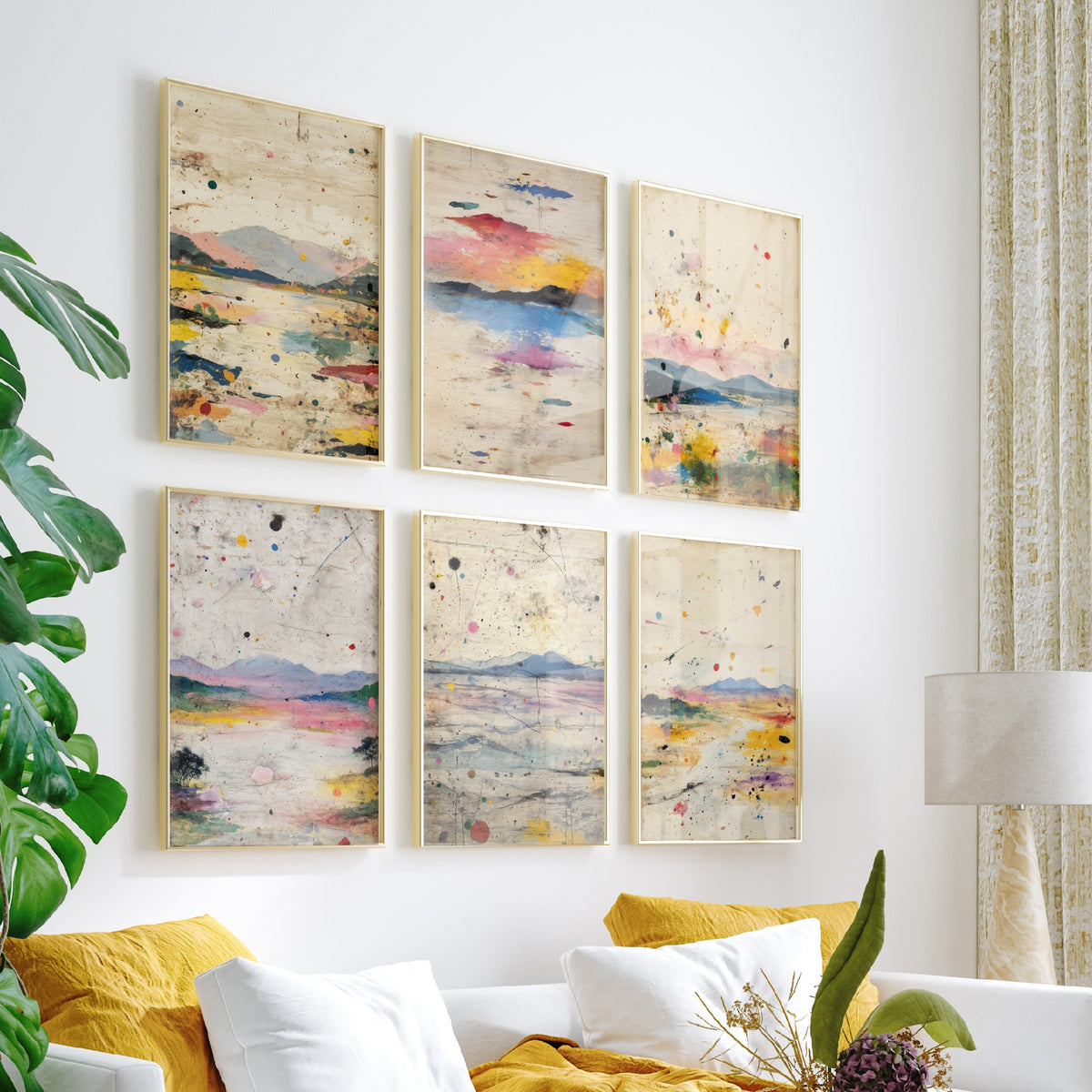 Set of Six Abstract Landscape Art Prints - 6 Splatter Paint Posters - Pastel Hills, Lakes, Pink and Yellow Mixed Media Painting