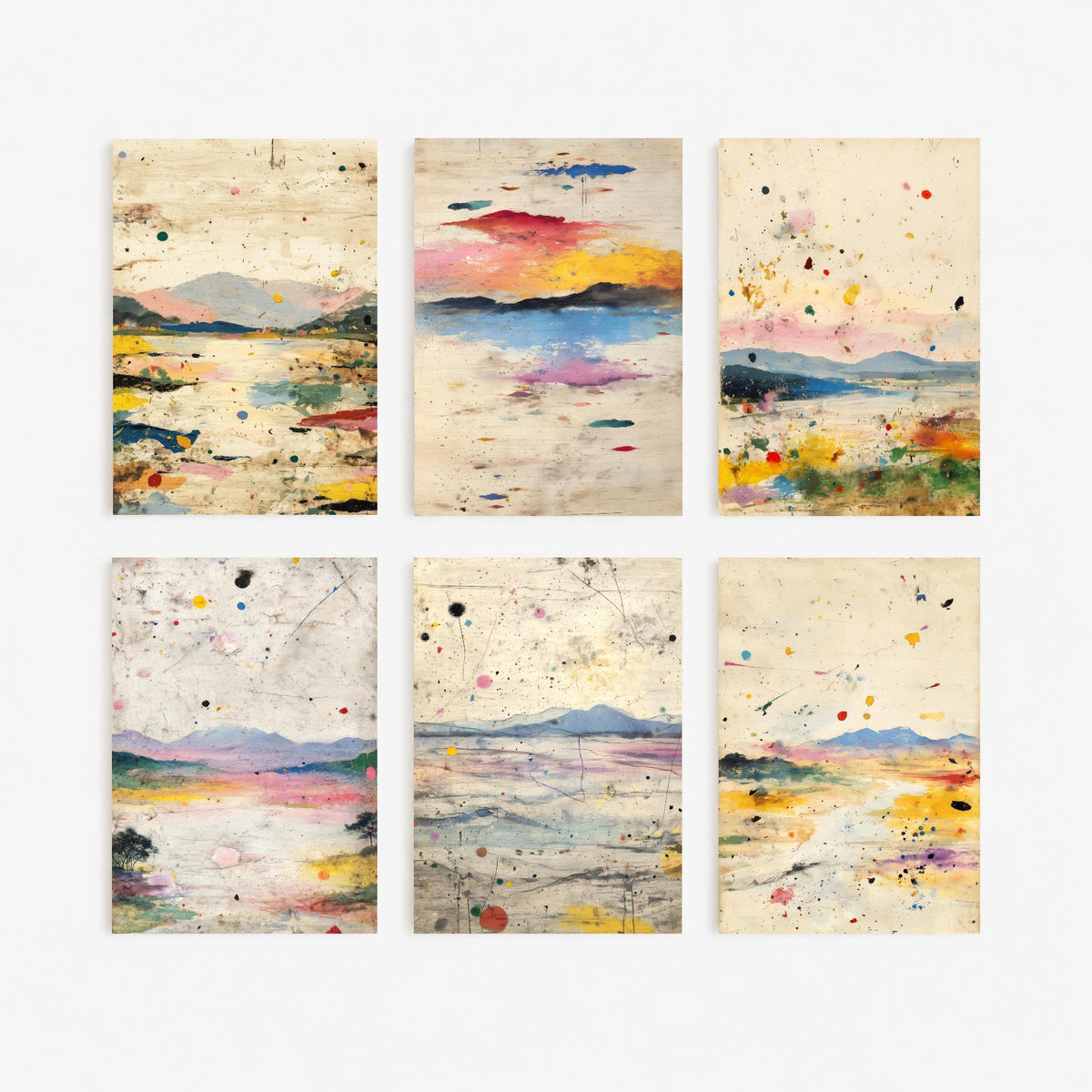 Set of Six Abstract Landscape Art Prints - 6 Splatter Paint Posters - Pastel Hills, Lakes, Pink and Yellow Mixed Media Painting