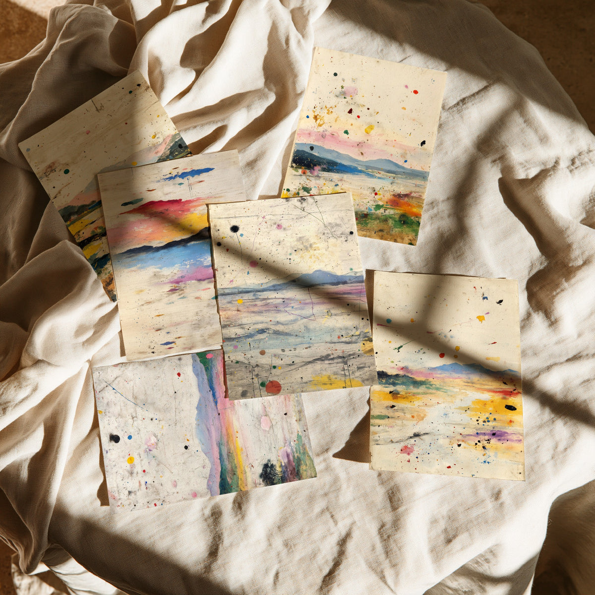 Set of Six Abstract Landscape Art Prints - 6 Splatter Paint Posters - Pastel Hills, Lakes, Pink and Yellow Mixed Media Painting