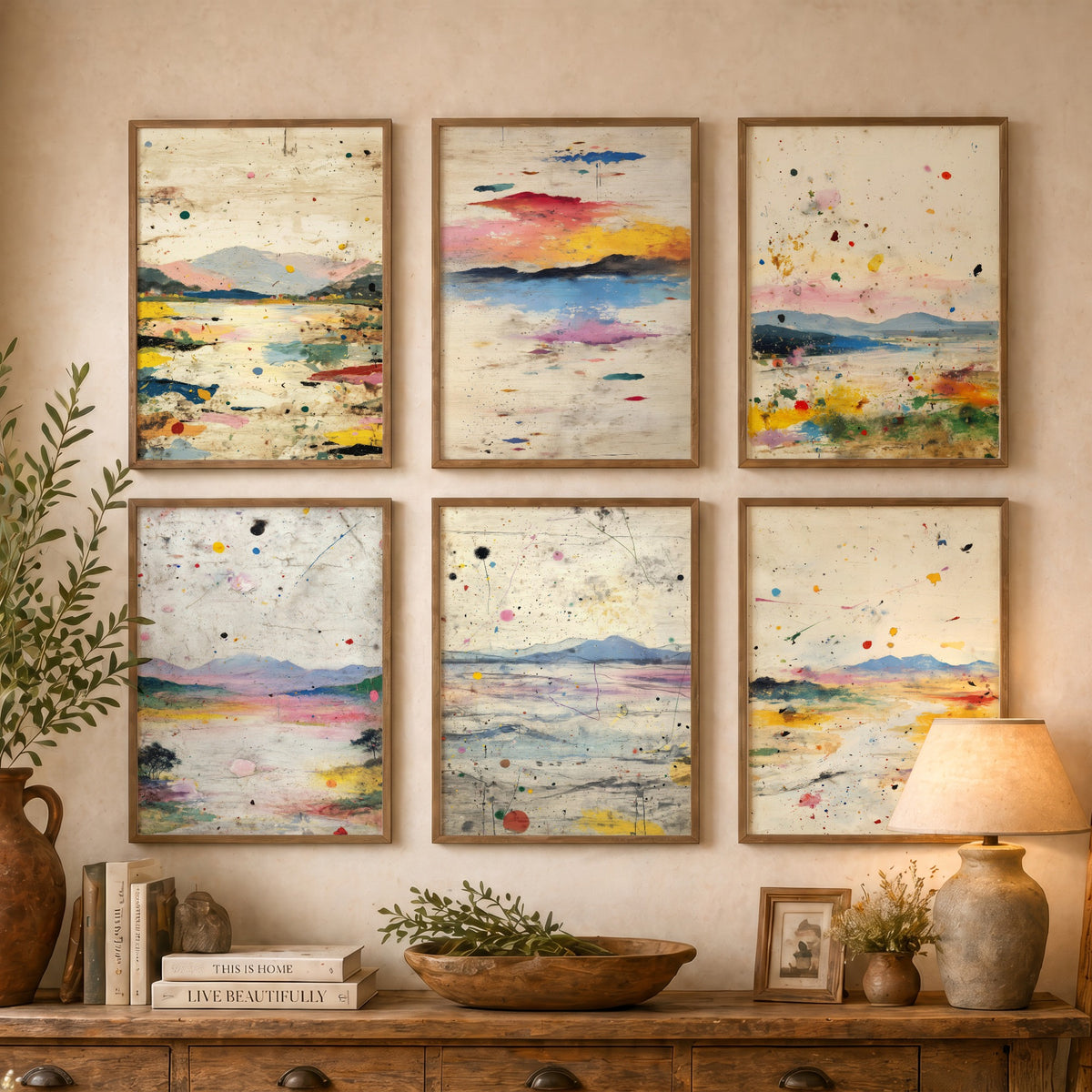 Set of Six Abstract Landscape Art Prints - 6 Splatter Paint Posters - Pastel Hills, Lakes, Pink and Yellow Mixed Media Painting