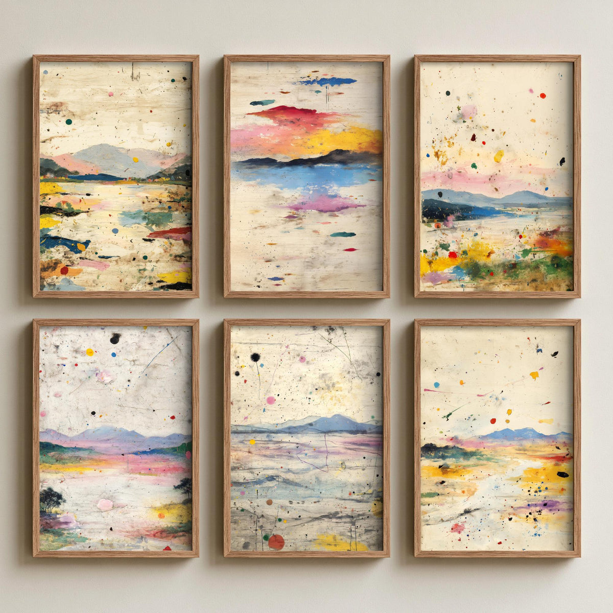 Set of Six Abstract Landscape Art Prints - 6 Splatter Paint Posters - Pastel Hills, Lakes, Pink and Yellow Mixed Media Painting