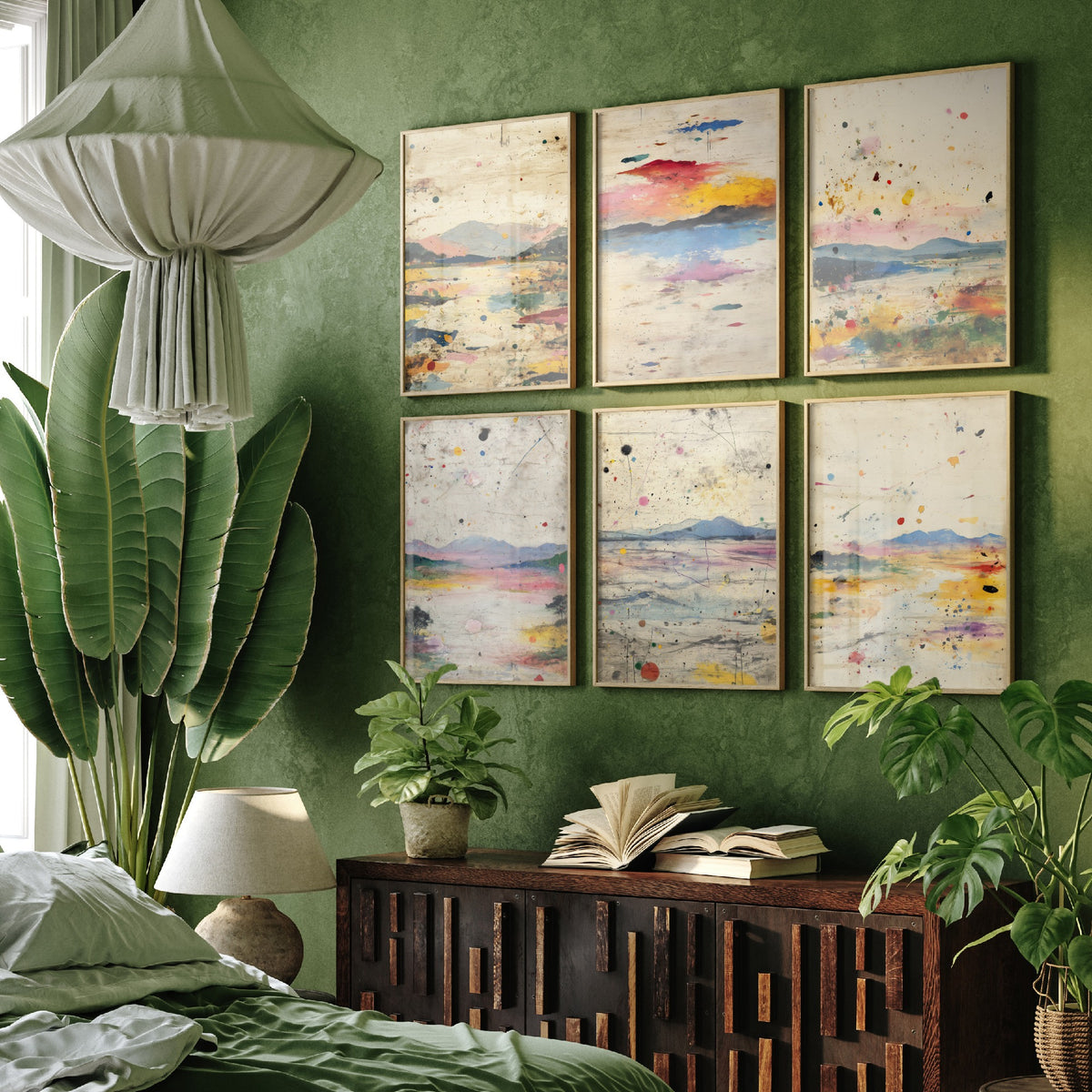 Set of Six Abstract Landscape Art Prints - 6 Splatter Paint Posters - Pastel Hills, Lakes, Pink and Yellow Mixed Media Painting