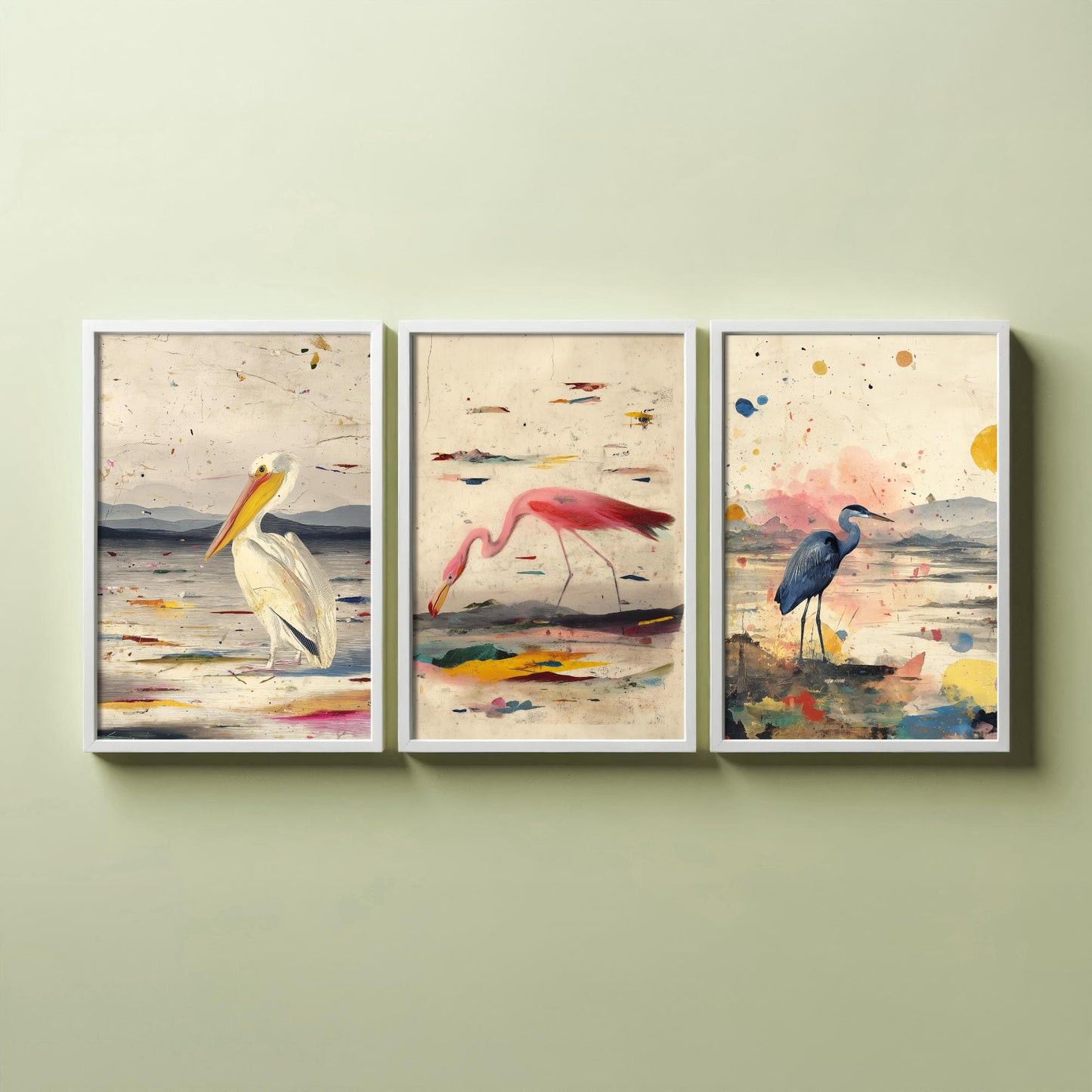 Audubon Style Set of Three Art Prints - Pelican Spoonbill Heron Bird Posters - Splash Illustration Bird Lover Gift