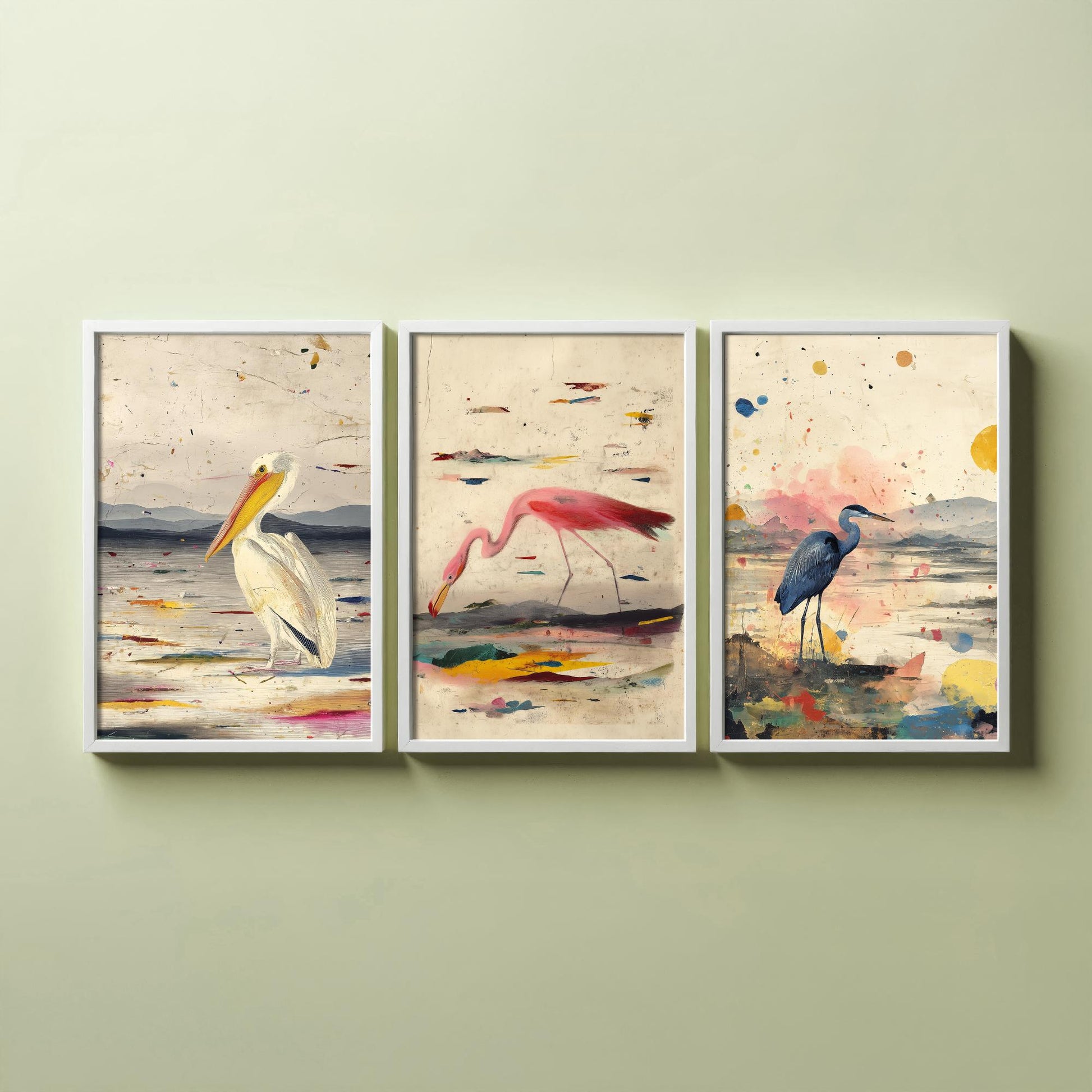 Audubon Style Set of Three Art Prints - Pelican Spoonbill Heron Bird Posters - Splash Illustration Bird Lover Gift