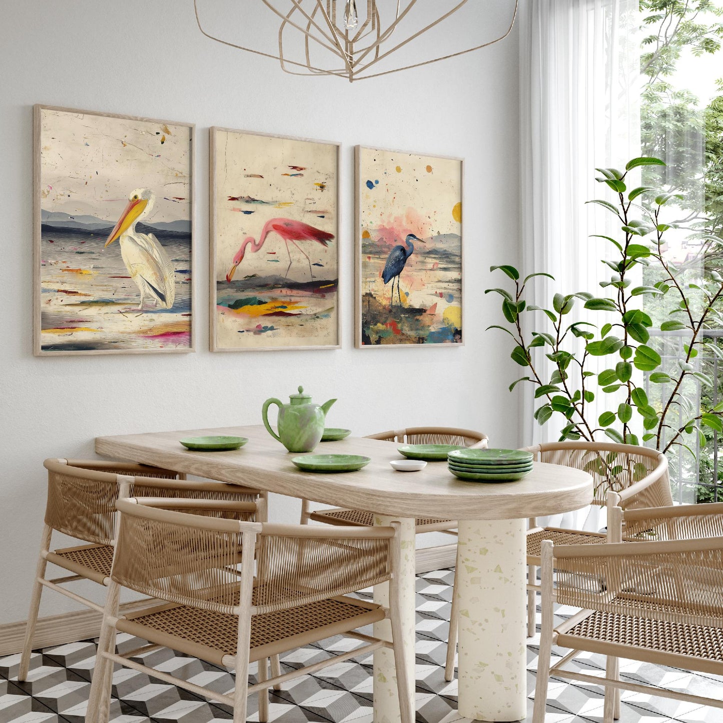 Audubon Style Set of Three Art Prints - Pelican Spoonbill Heron Bird Posters - Splash Illustration Bird Lover Gift