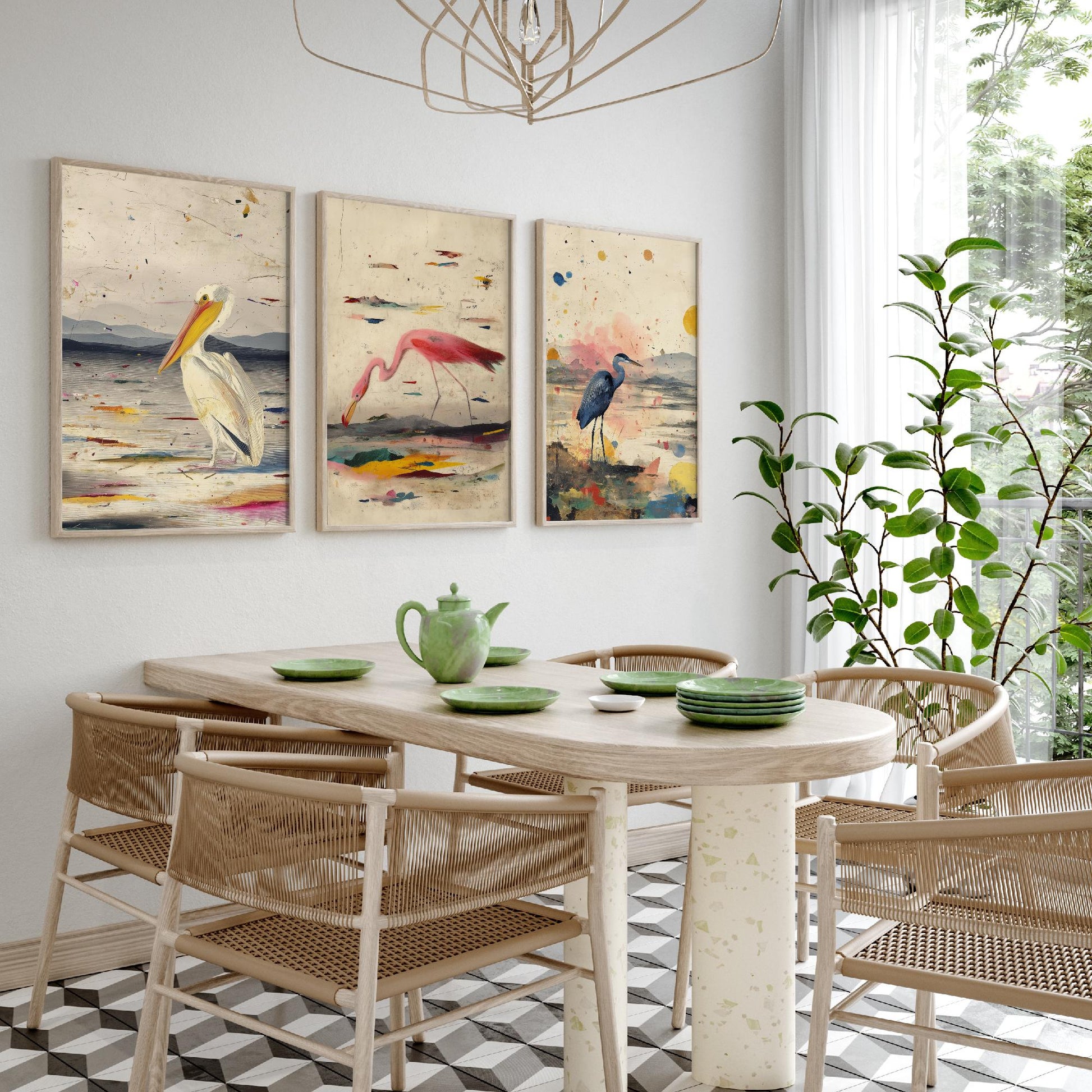 Audubon Style Set of Three Art Prints - Pelican Spoonbill Heron Bird Posters - Splash Illustration Bird Lover Gift