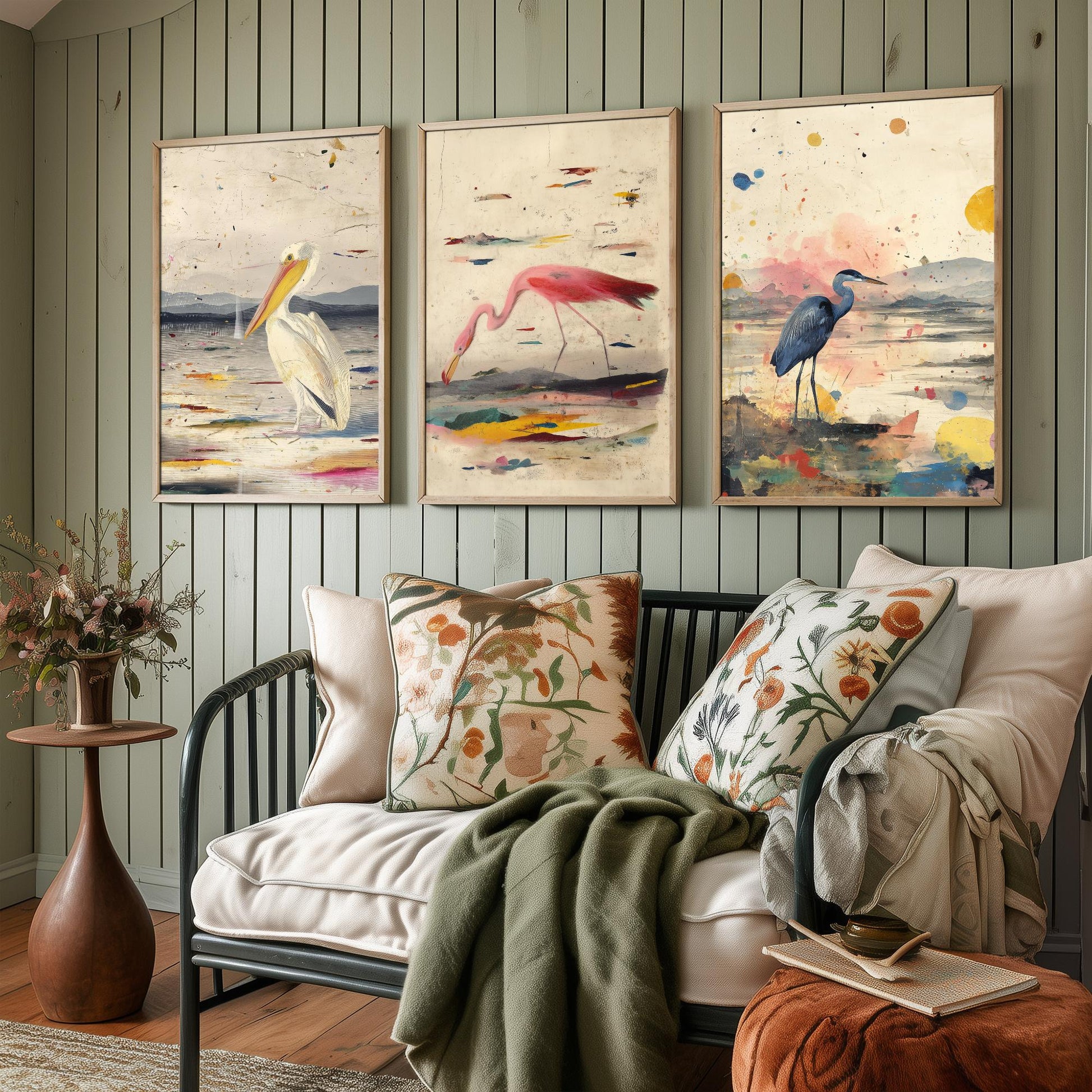 Audubon Style Set of Three Art Prints - Pelican Spoonbill Heron Bird Posters - Splash Illustration Bird Lover Gift