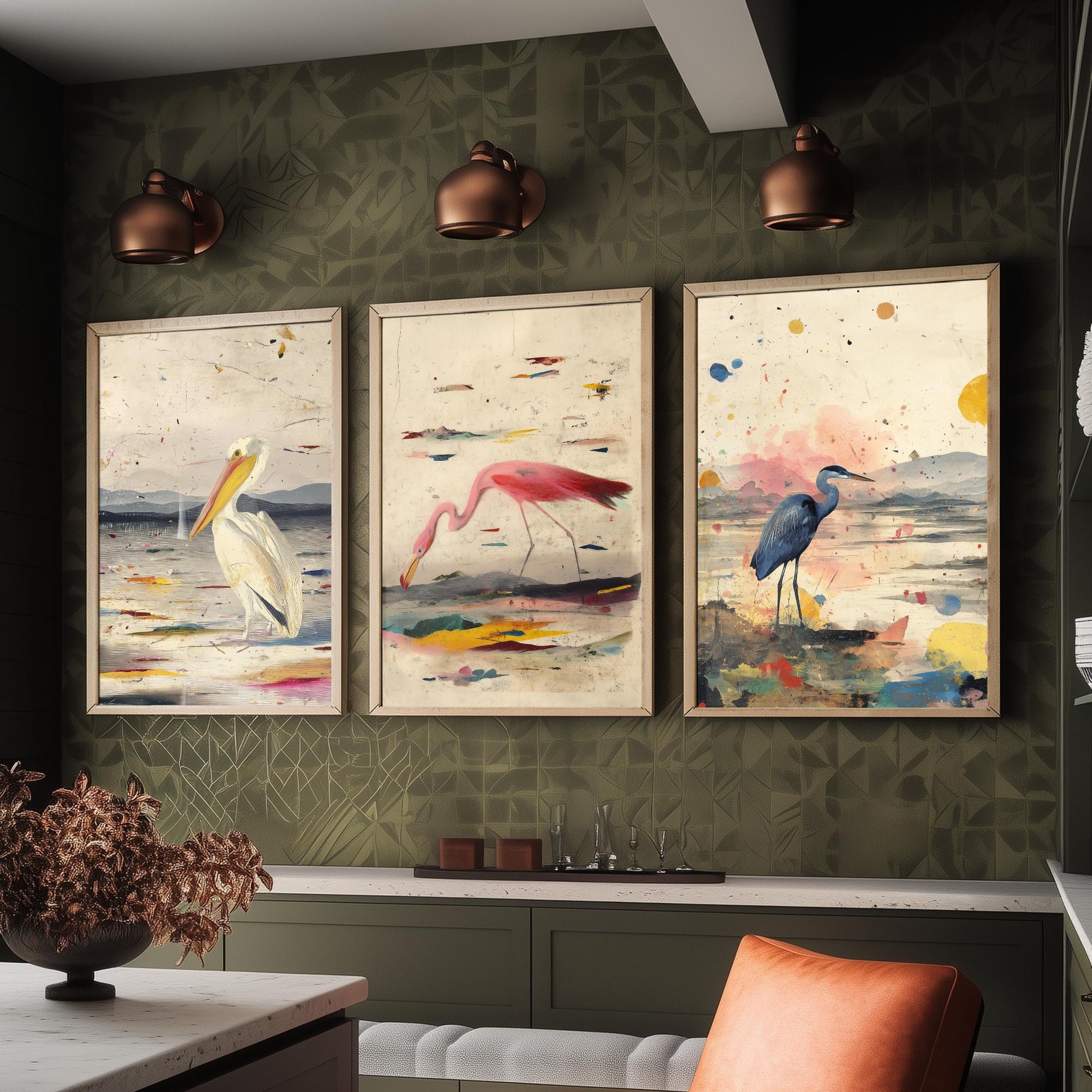 Audubon Style Set of Three Art Prints - Pelican Spoonbill Heron Bird Posters - Splash Illustration Bird Lover Gift