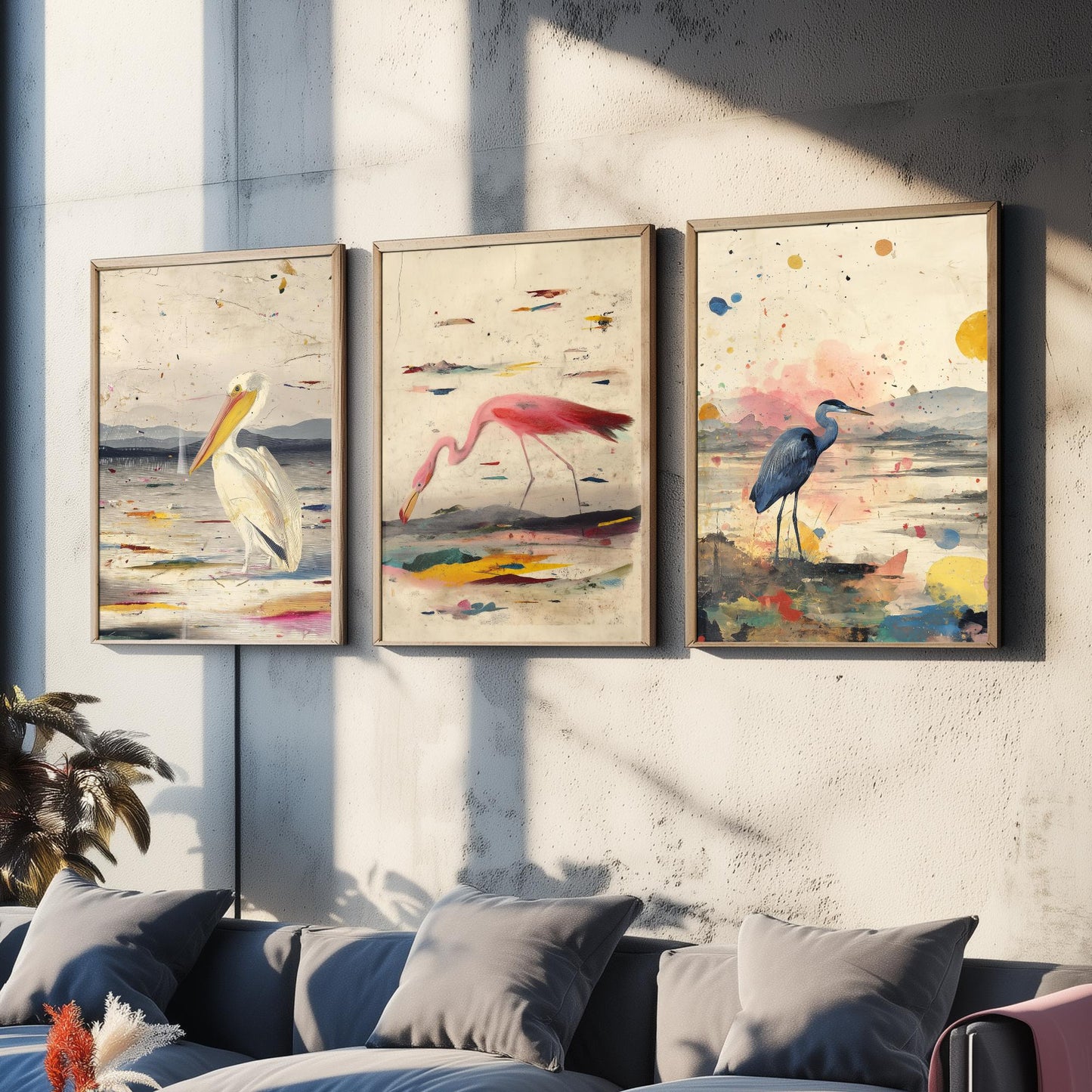 Audubon Style Set of Three Art Prints - Pelican Spoonbill Heron Bird Posters - Splash Illustration Bird Lover Gift