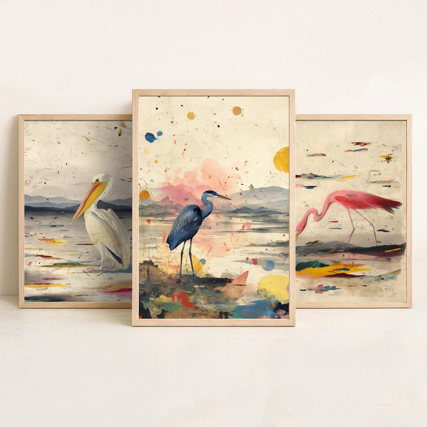 Audubon Style Set of Three Art Prints - Pelican Spoonbill Heron Bird Posters - Splash Illustration Bird Lover Gift
