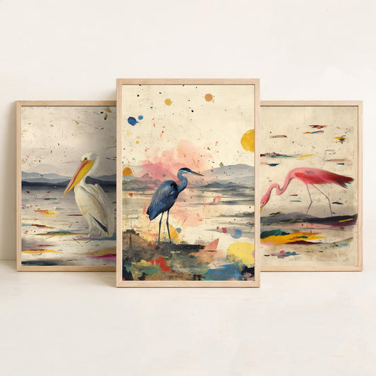 Audubon Style Set of Three Art Prints - Pelican Spoonbill Heron Bird Posters - Splash Illustration Bird Lover Gift