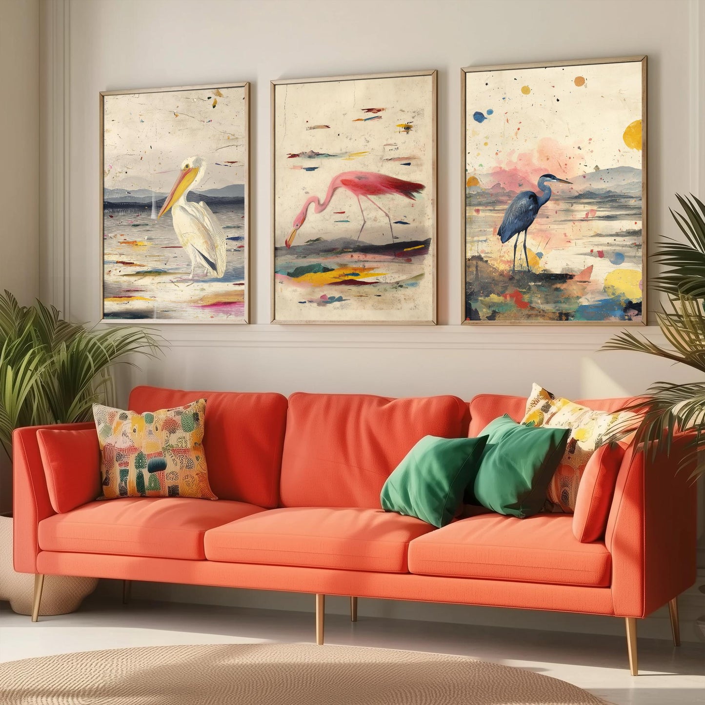 Audubon Style Set of Three Art Prints - Pelican Spoonbill Heron Bird Posters - Splash Illustration Bird Lover Gift