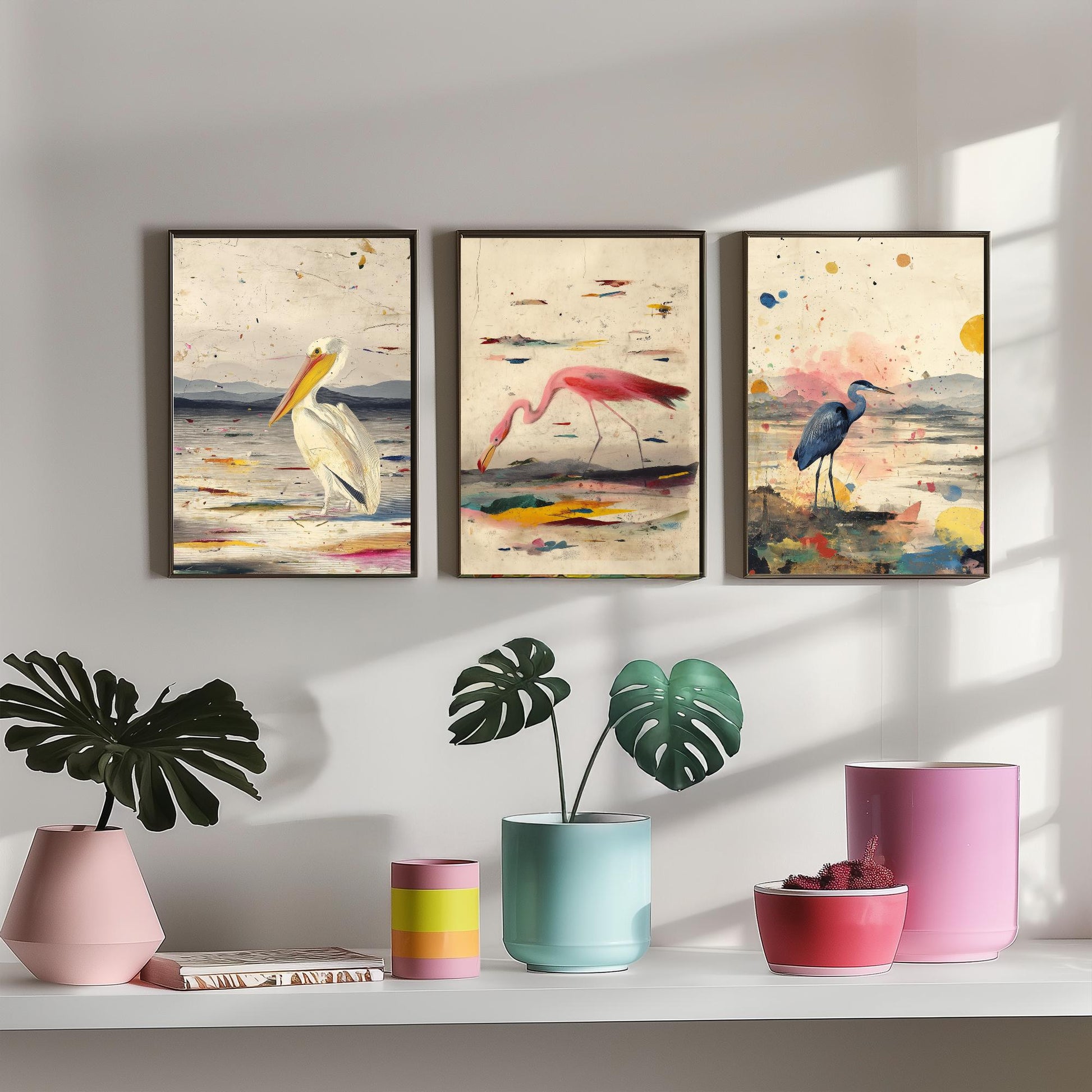 Audubon Style Set of Three Art Prints - Pelican Spoonbill Heron Bird Posters - Splash Illustration Bird Lover Gift