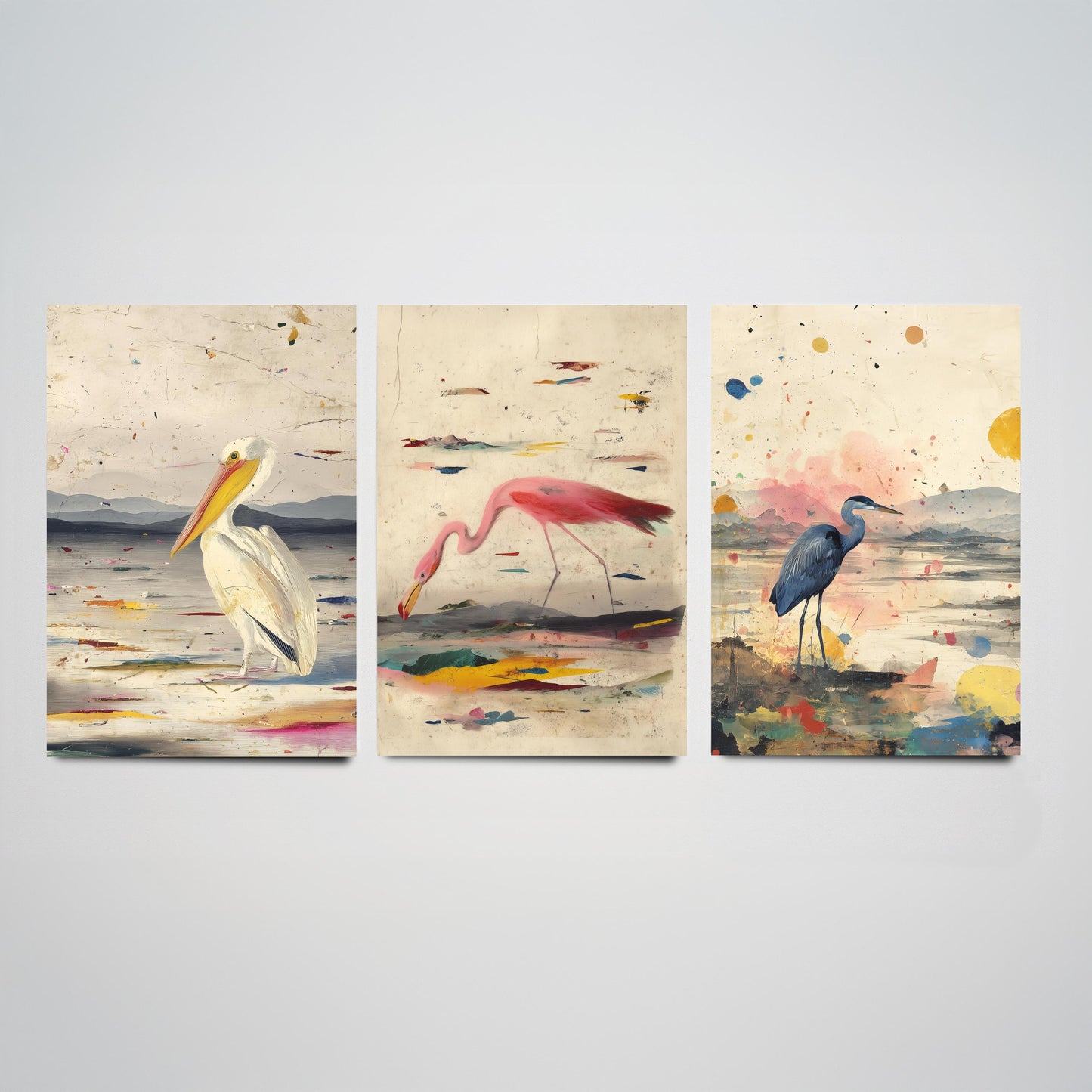 Audubon Style Set of Three Art Prints - Pelican Spoonbill Heron Bird Posters - Splash Illustration Bird Lover Gift