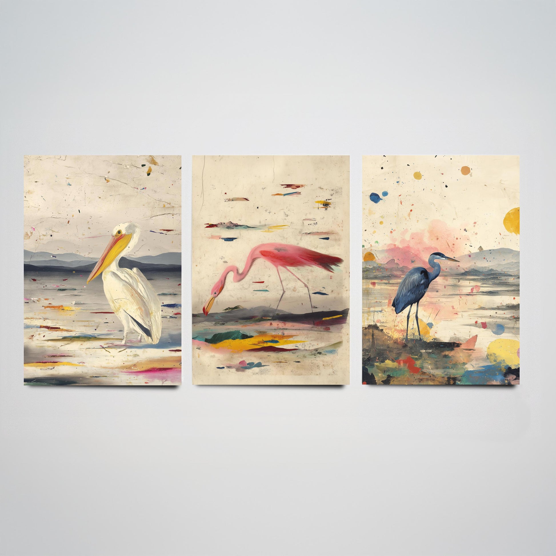 Audubon Style Set of Three Art Prints - Pelican Spoonbill Heron Bird Posters - Splash Illustration Bird Lover Gift