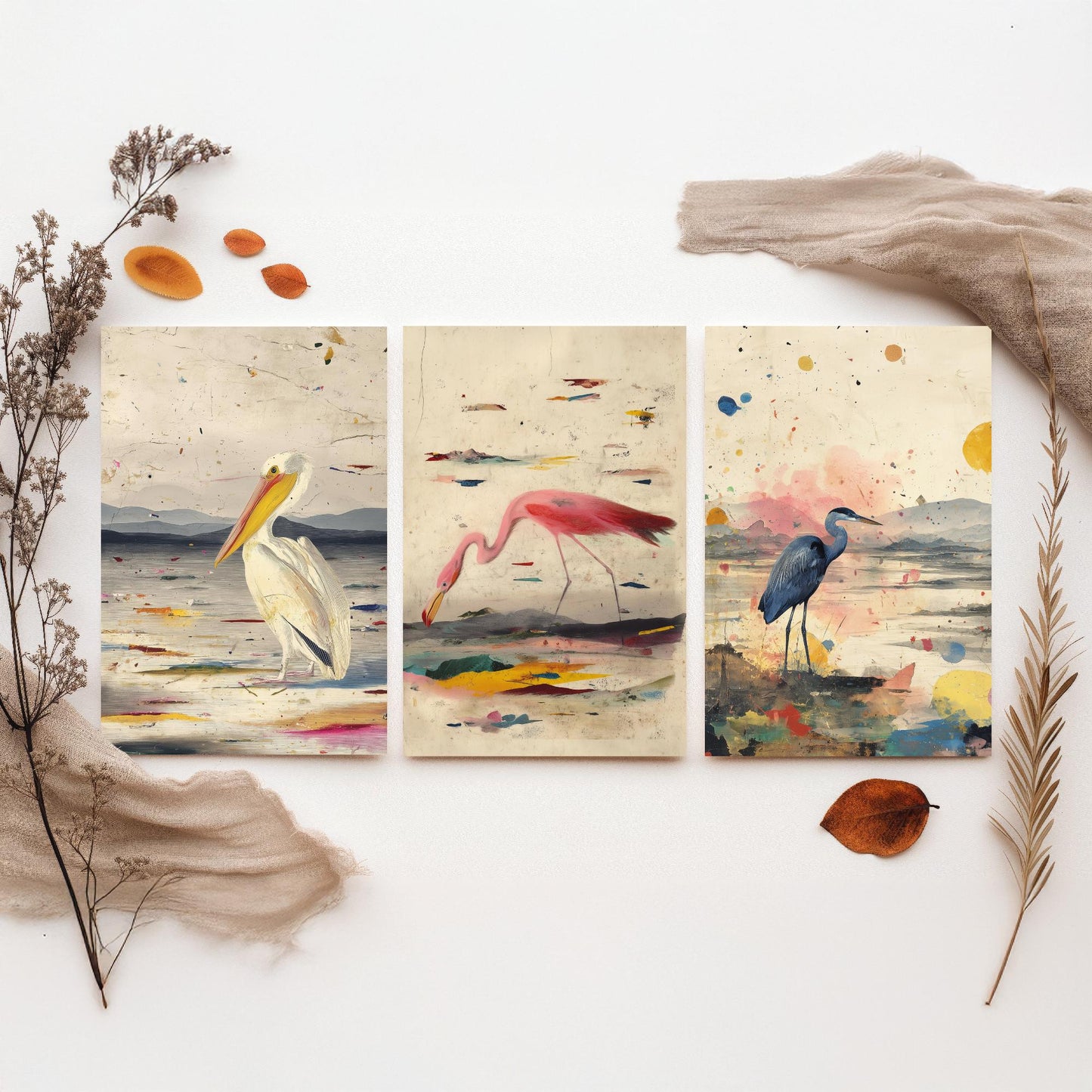 Audubon Style Set of Three Art Prints - Pelican Spoonbill Heron Bird Posters - Splash Illustration Bird Lover Gift