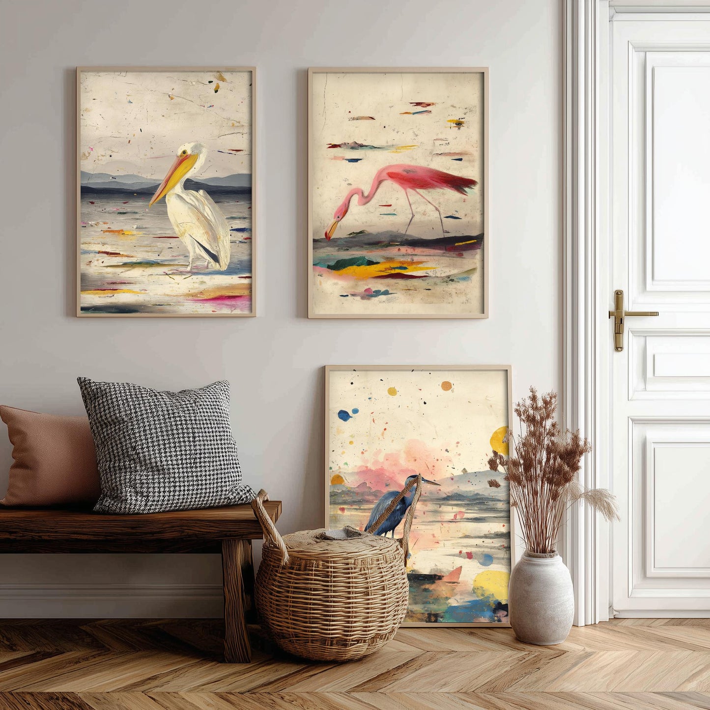 Audubon Style Set of Three Art Prints - Pelican Spoonbill Heron Bird Posters - Splash Illustration Bird Lover Gift