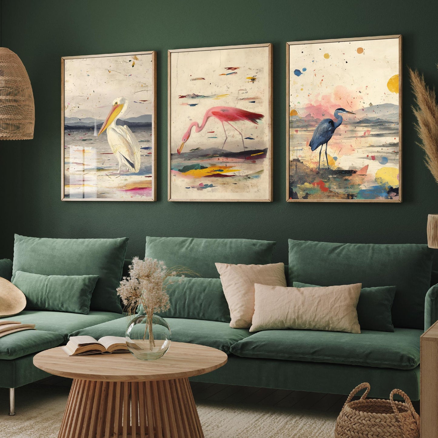 Audubon Style Set of Three Art Prints - Pelican Spoonbill Heron Bird Posters - Splash Illustration Bird Lover Gift
