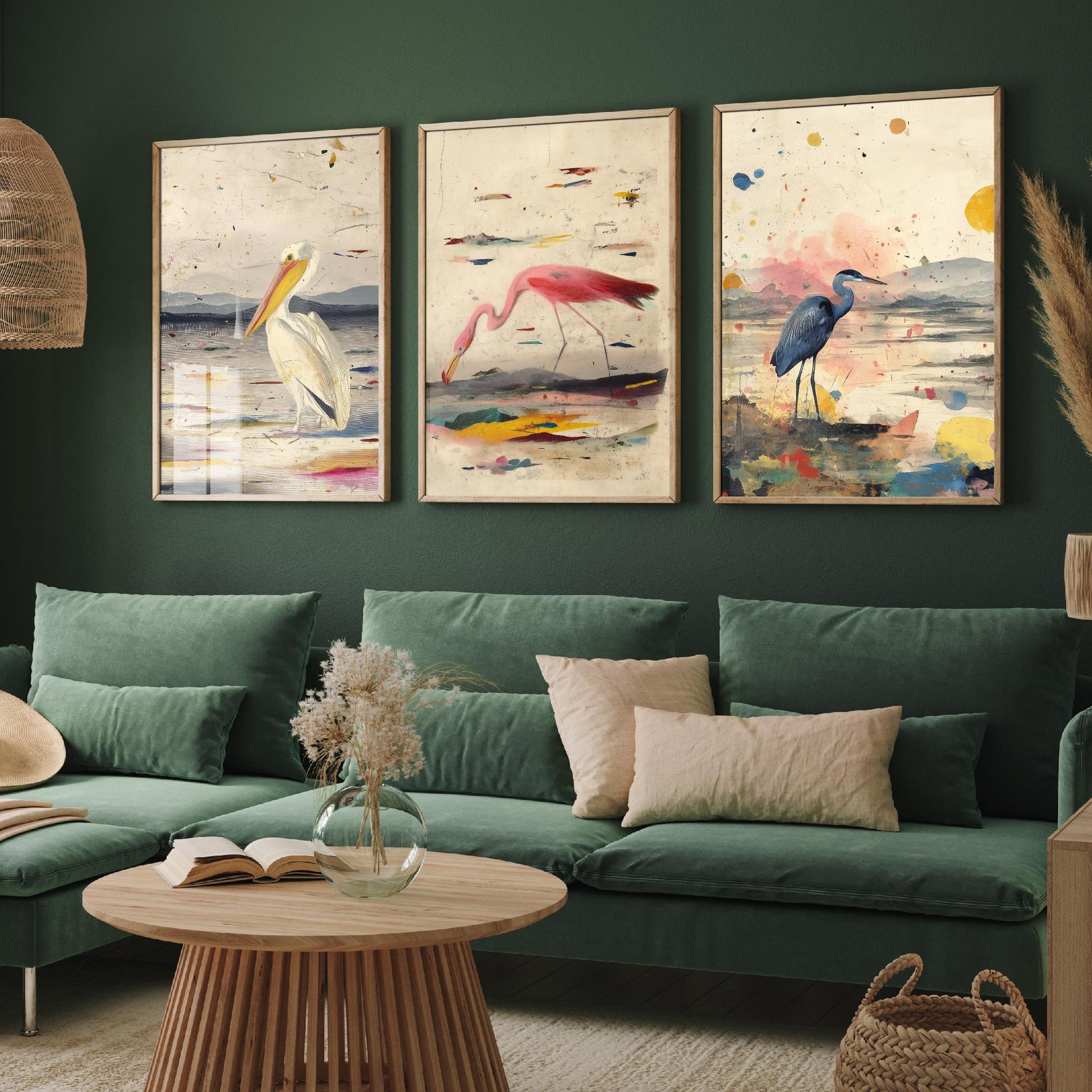 Audubon Style Set of Three Art Prints - Pelican Spoonbill Heron Bird Posters - Splash Illustration Bird Lover Gift