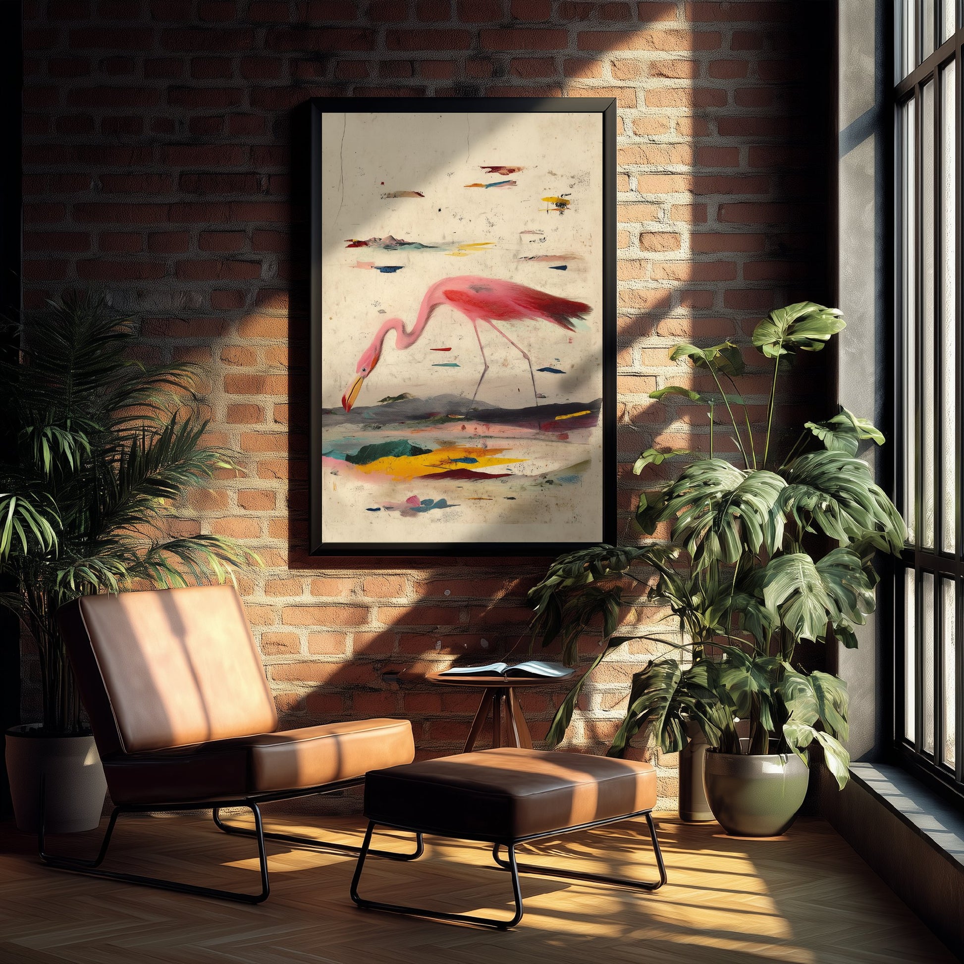 Flamingo Art Print - Pink Wading Bird Poster - Audubon Style Painting - Splash Bird Portrait 2/3