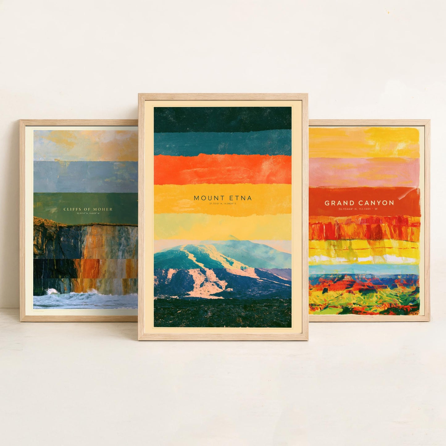 Cliffs of Moher, Grand Canyon, Mount Etna Set of Three Art Prints - Strata Layered Abstract Landscape Posters - Collage Painting
