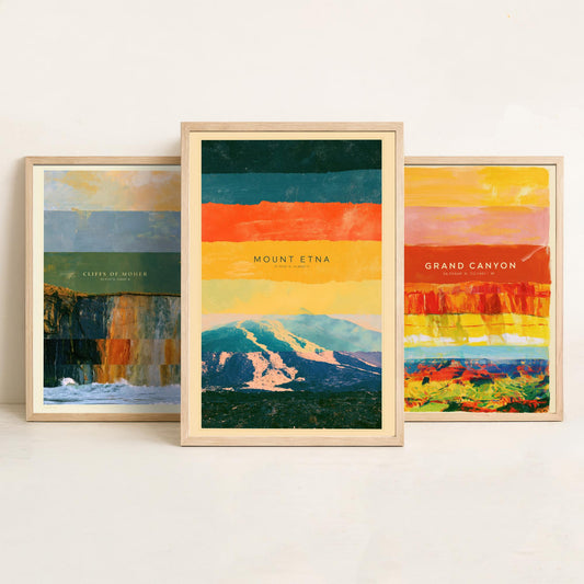 Cliffs of Moher, Grand Canyon, Mount Etna Set of Three Art Prints - Strata Layered Abstract Landscape Posters - Collage Painting