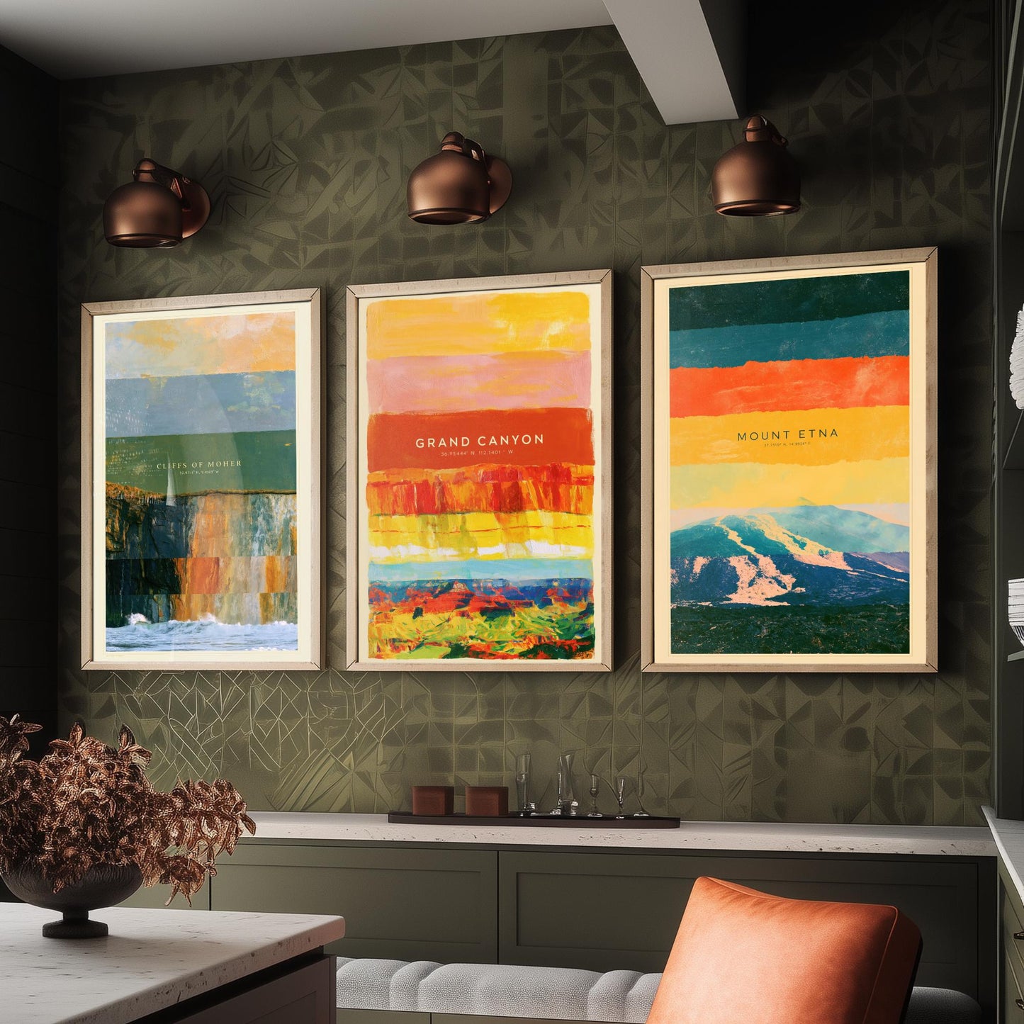 Cliffs of Moher, Grand Canyon, Mount Etna Set of Three Art Prints - Strata Layered Abstract Landscape Posters - Collage Painting