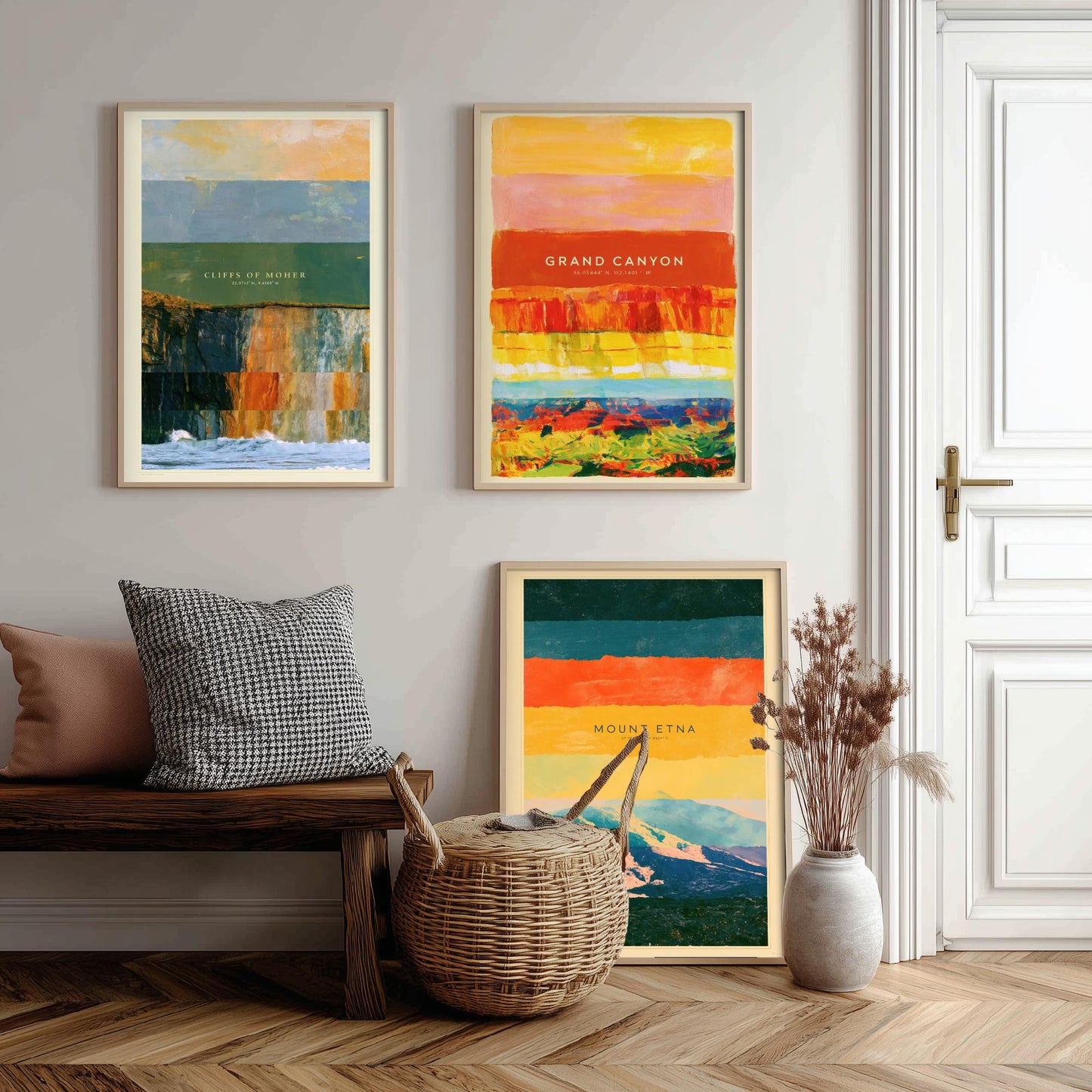 Cliffs of Moher, Grand Canyon, Mount Etna Set of Three Art Prints - Strata Layered Abstract Landscape Posters - Collage Painting