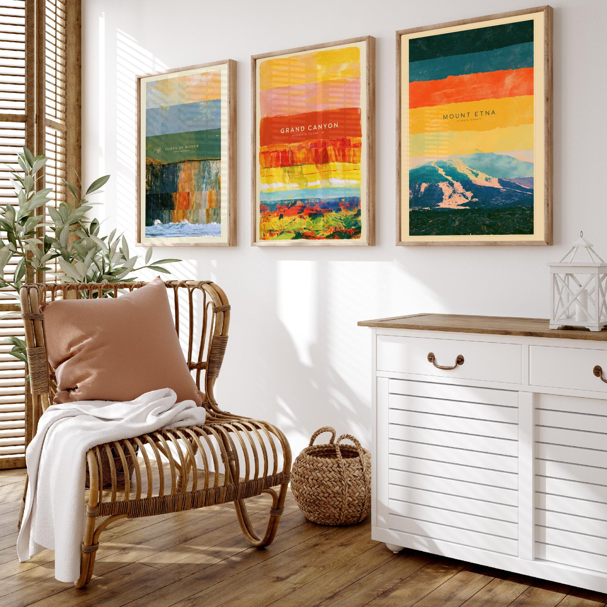 Cliffs of Moher, Grand Canyon, Mount Etna Set of Three Art Prints - Strata Layered Abstract Landscape Posters - Collage Painting