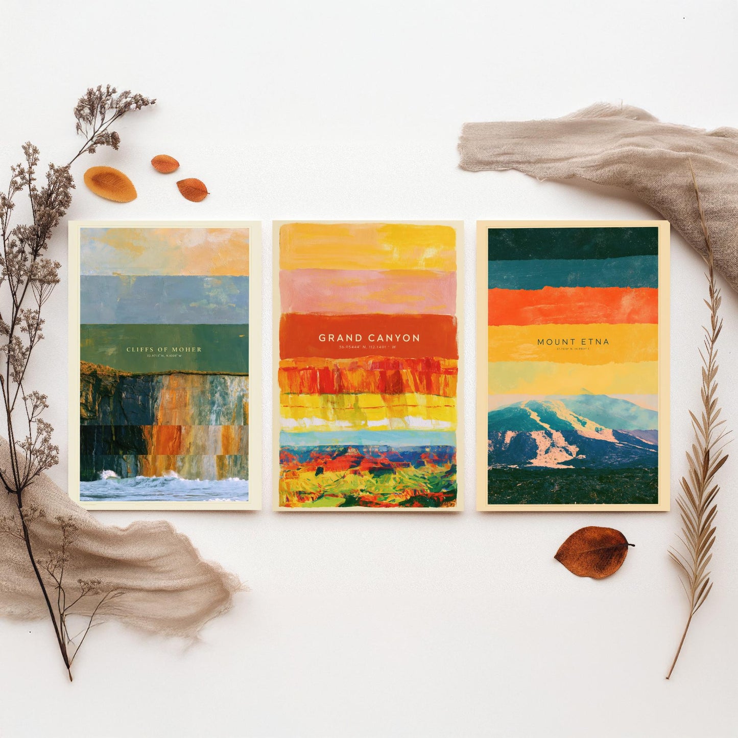 Cliffs of Moher, Grand Canyon, Mount Etna Set of Three Art Prints - Strata Layered Abstract Landscape Posters - Collage Painting