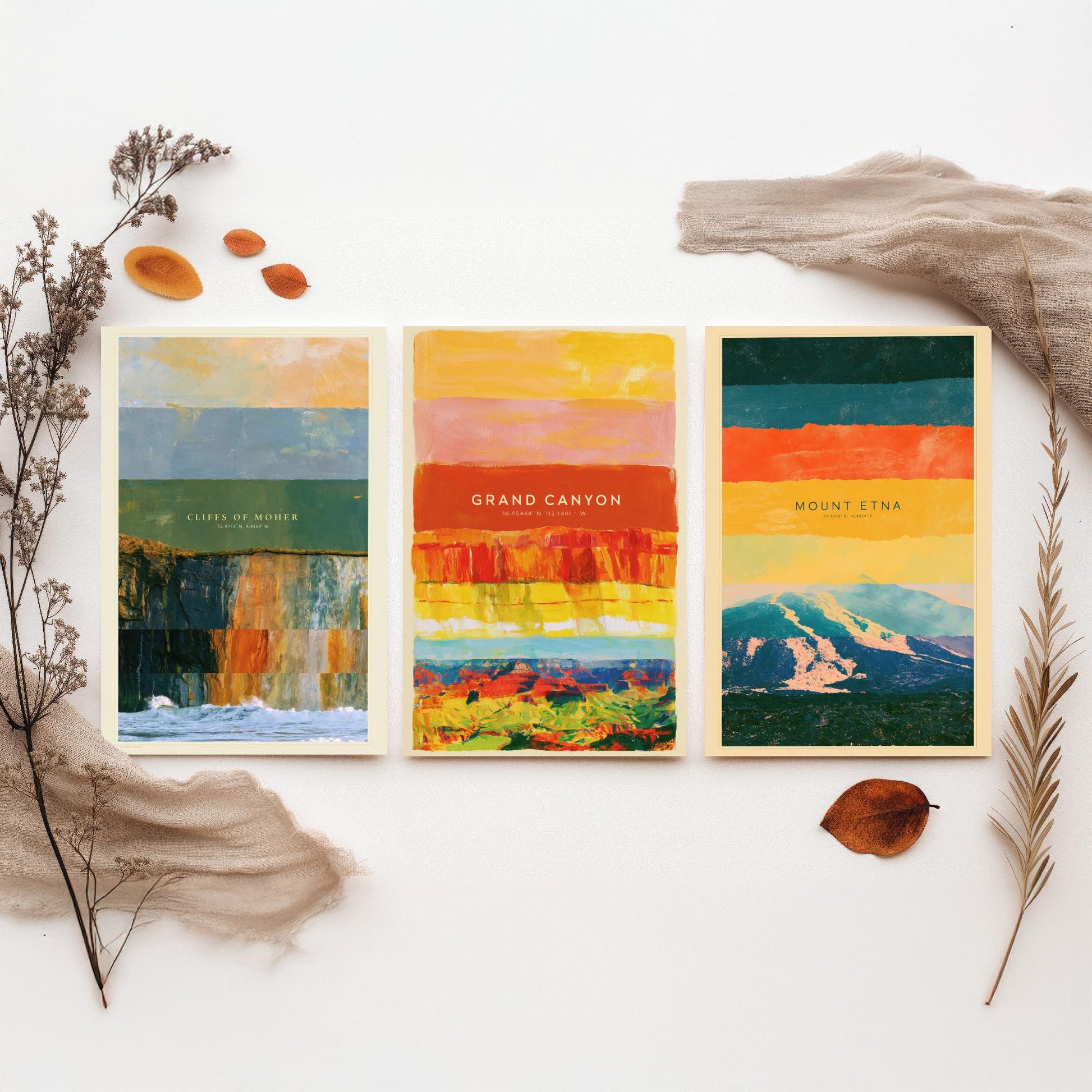 Cliffs of Moher, Grand Canyon, Mount Etna Set of Three Art Prints - Strata Layered Abstract Landscape Posters - Collage Painting