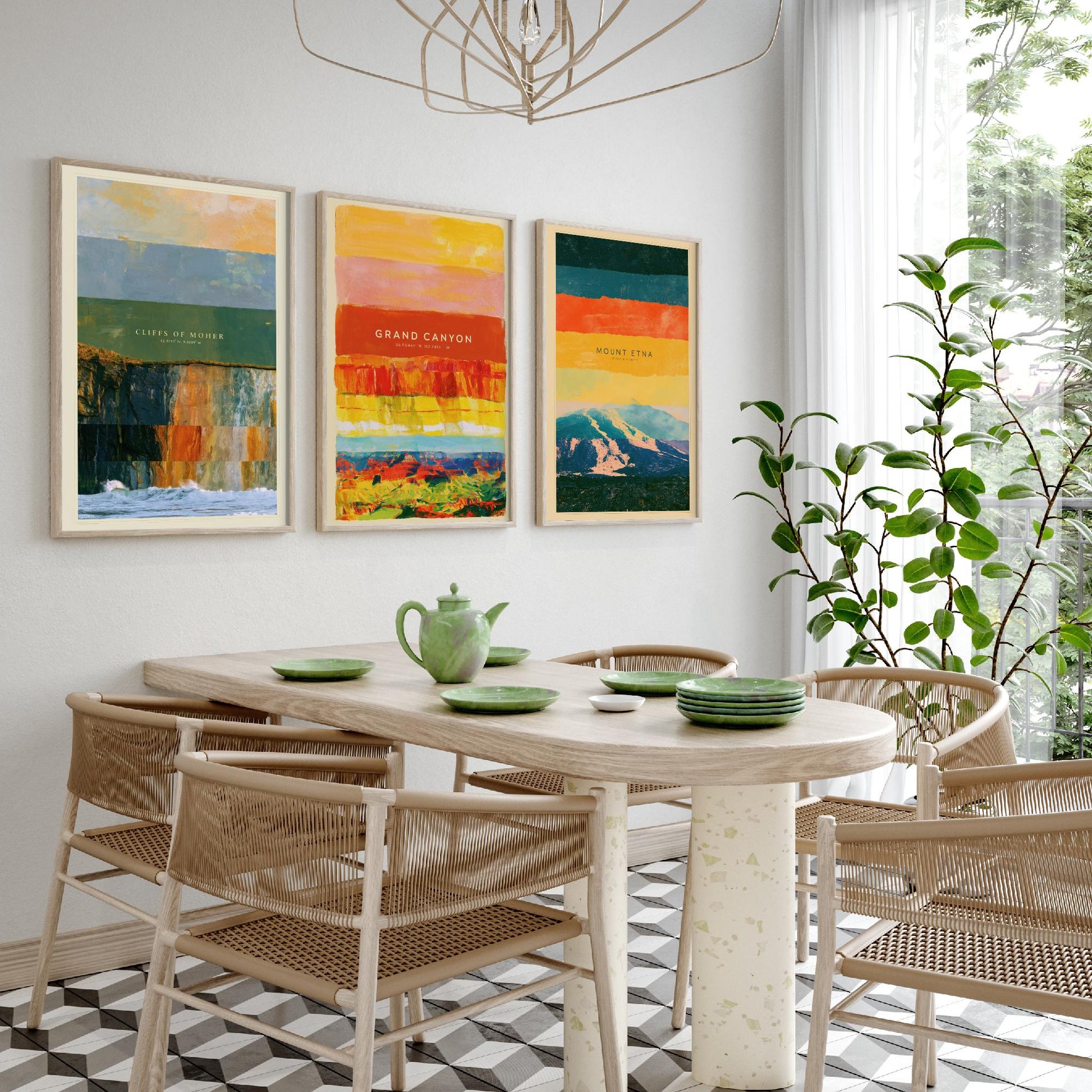 Cliffs of Moher, Grand Canyon, Mount Etna Set of Three Art Prints - Strata Layered Abstract Landscape Posters - Collage Painting