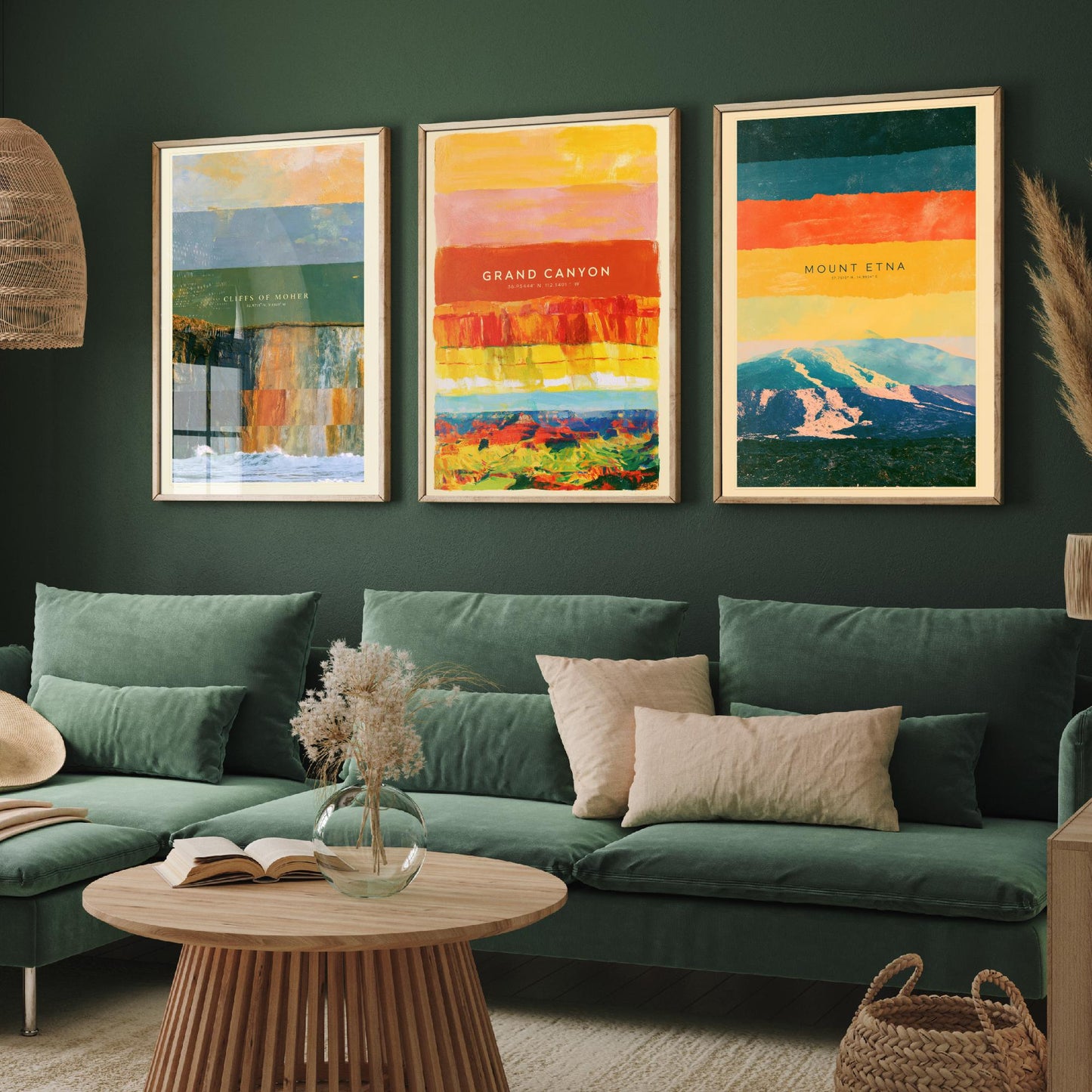 Cliffs of Moher, Grand Canyon, Mount Etna Set of Three Art Prints - Strata Layered Abstract Landscape Posters - Collage Painting