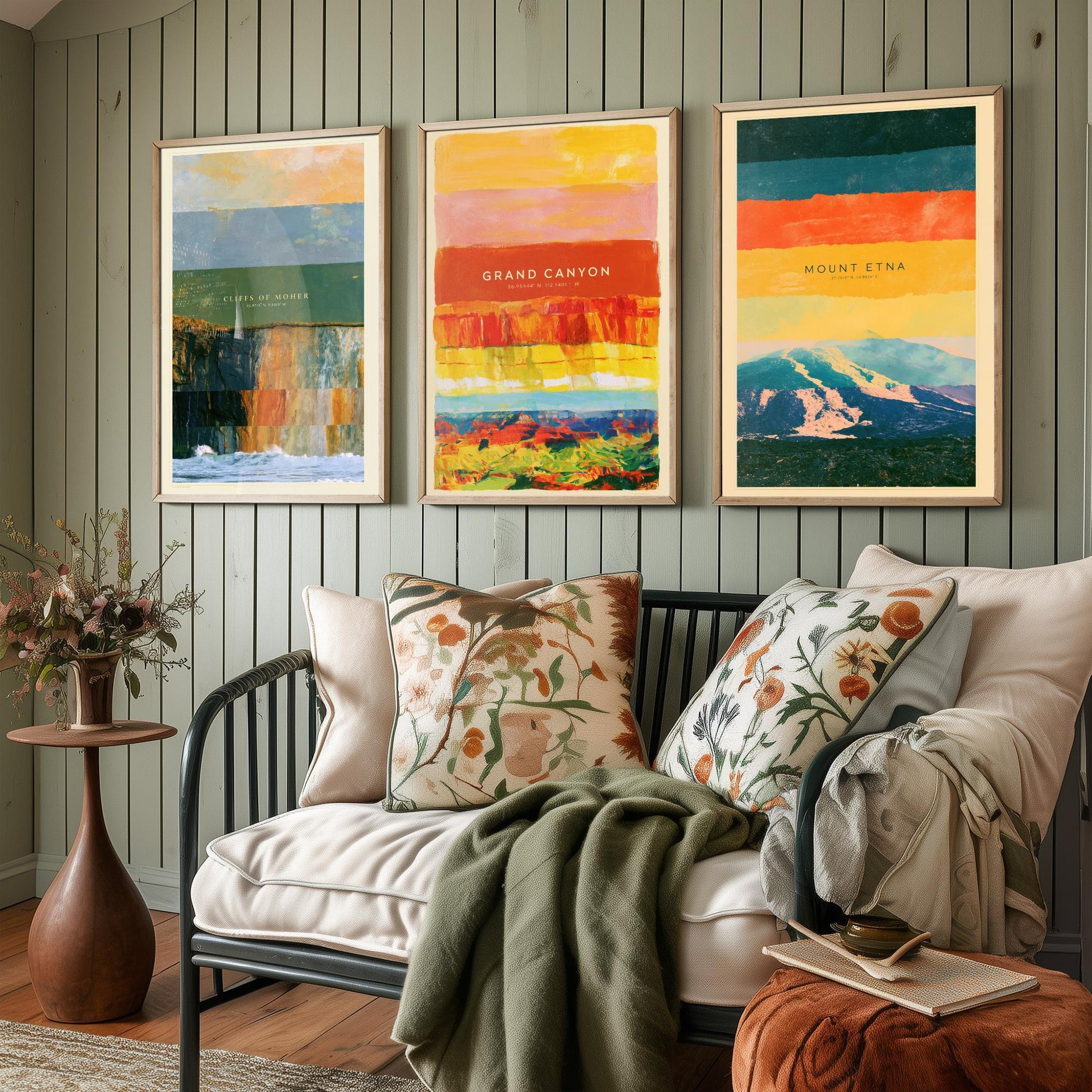 Cliffs of Moher, Grand Canyon, Mount Etna Set of Three Art Prints - Strata Layered Abstract Landscape Posters - Collage Painting