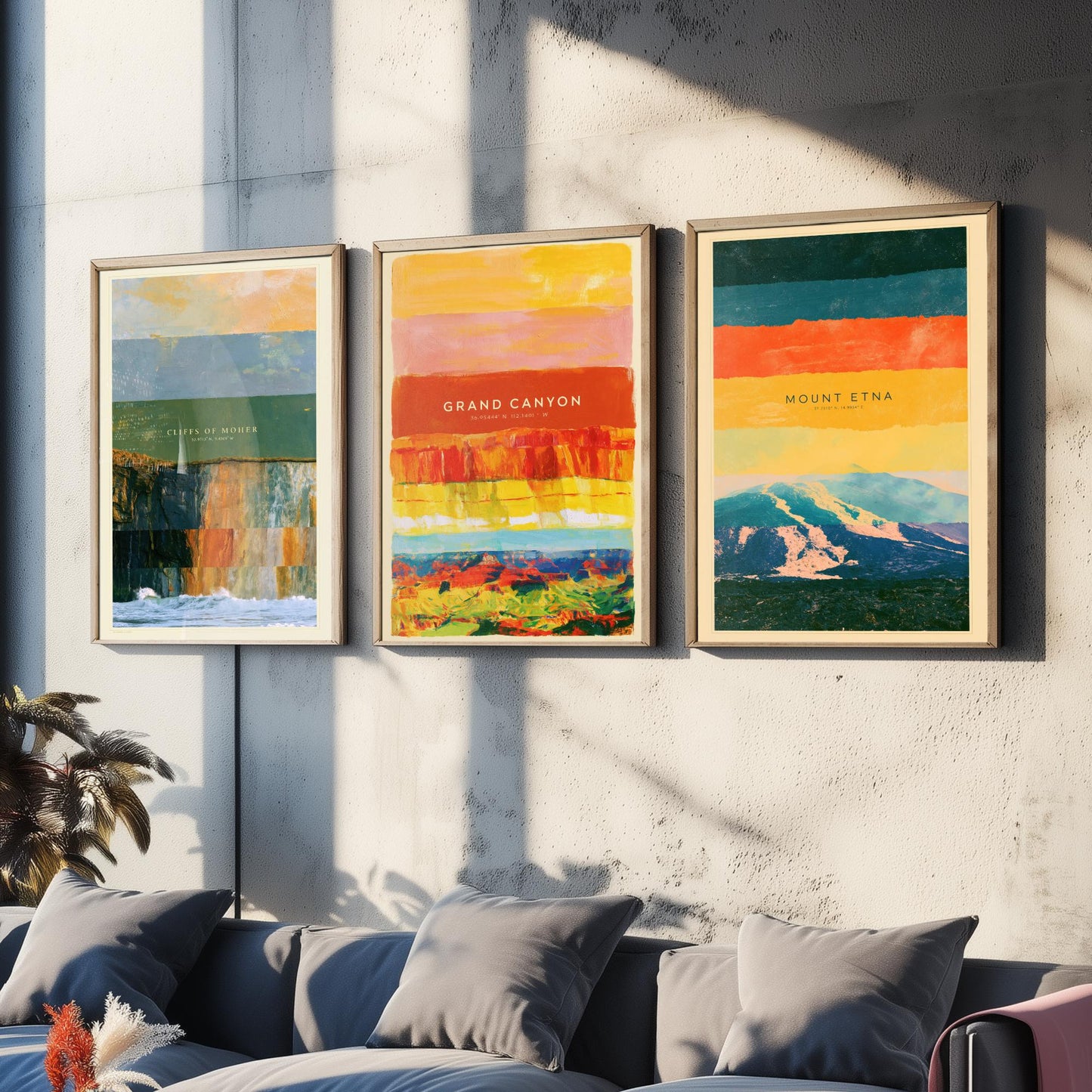 Cliffs of Moher, Grand Canyon, Mount Etna Set of Three Art Prints - Strata Layered Abstract Landscape Posters - Collage Painting