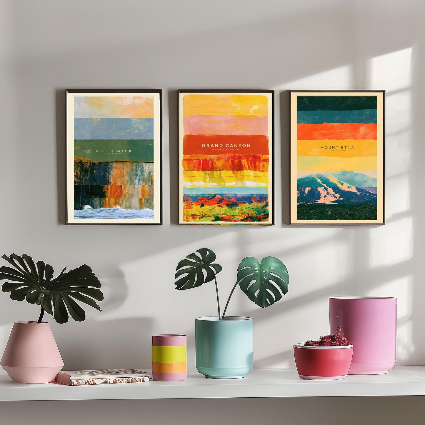 Cliffs of Moher, Grand Canyon, Mount Etna Set of Three Art Prints - Strata Layered Abstract Landscape Posters - Collage Painting