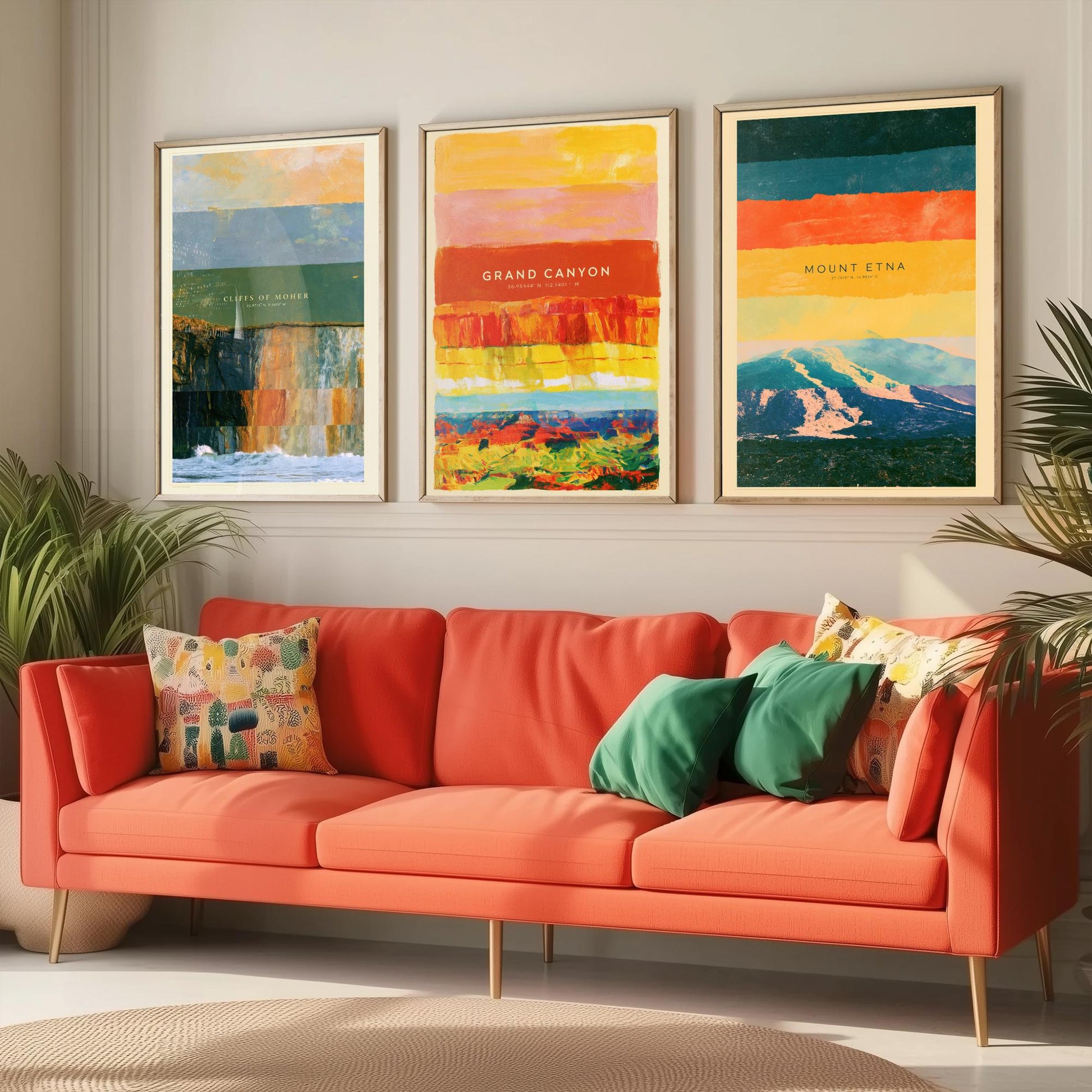 Cliffs of Moher, Grand Canyon, Mount Etna Set of Three Art Prints - Strata Layered Abstract Landscape Posters - Collage Painting