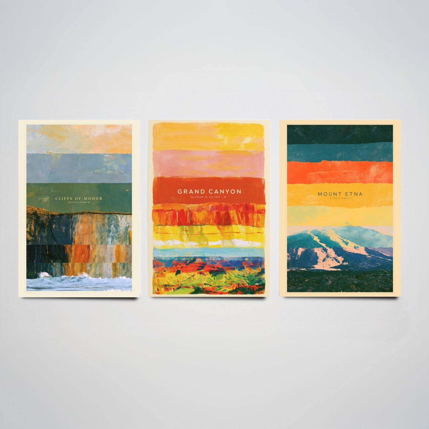 Cliffs of Moher, Grand Canyon, Mount Etna Set of Three Art Prints - Strata Layered Abstract Landscape Posters - Collage Painting