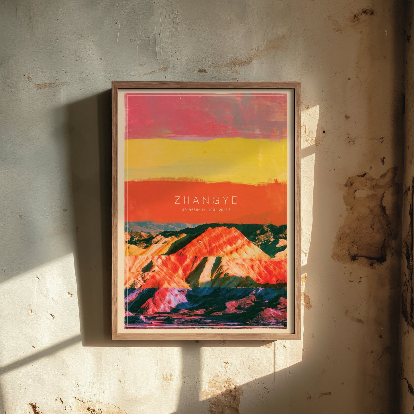 Zhangye Danxia Art Print - China Rainbow Mountains Illustration - Layered Strata Travel Poster with Coordinates 3/3