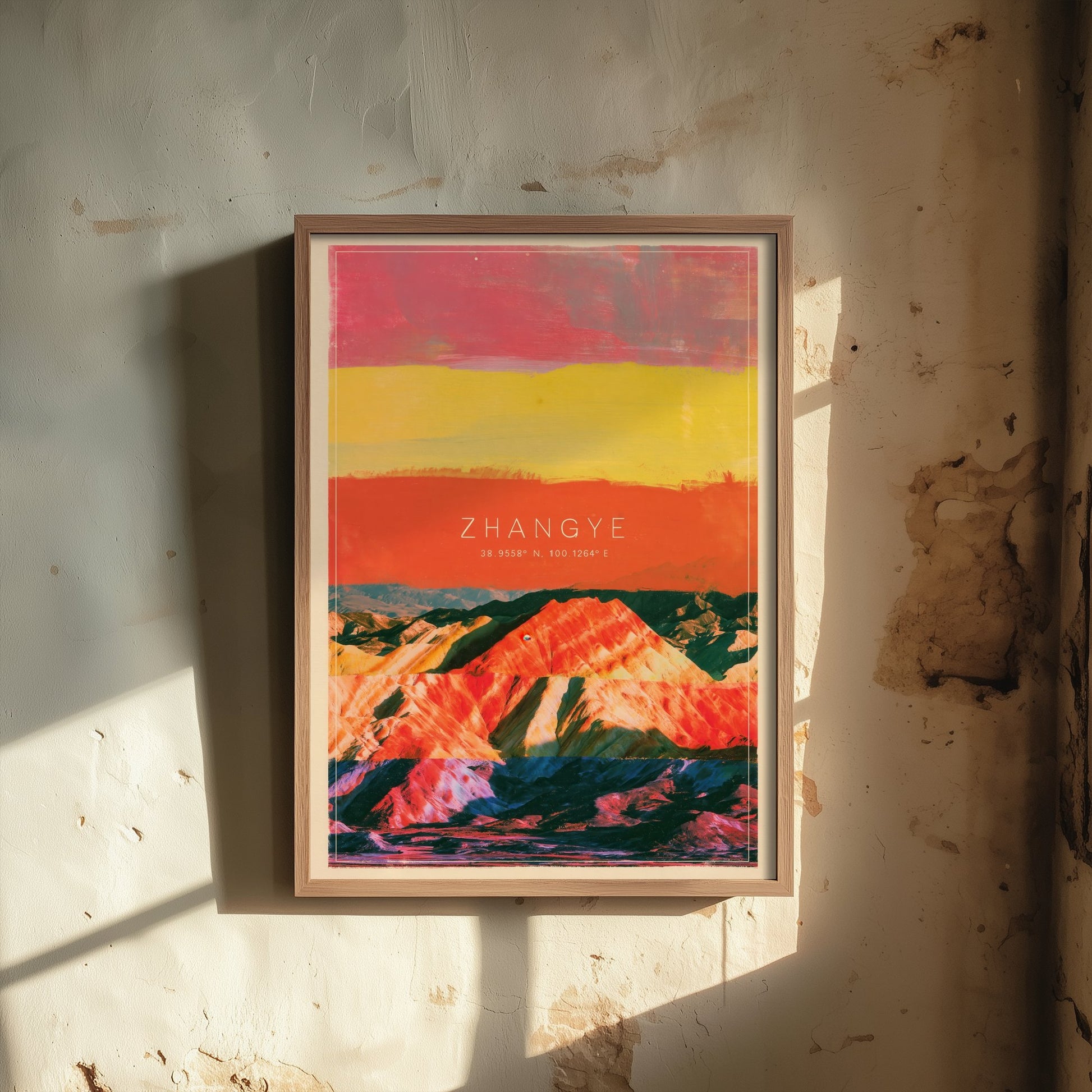 Zhangye Danxia Art Print - China Rainbow Mountains Illustration - Layered Strata Travel Poster with Coordinates 3/3