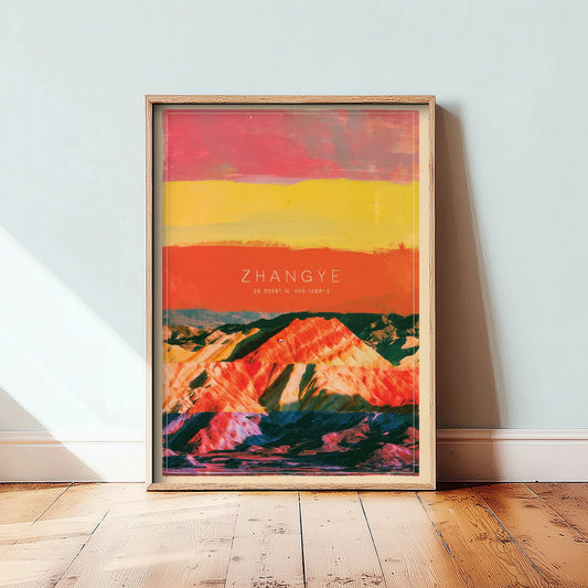 Zhangye Danxia Art Print - China Rainbow Mountains Illustration - Layered Strata Travel Poster with Coordinates 3/3